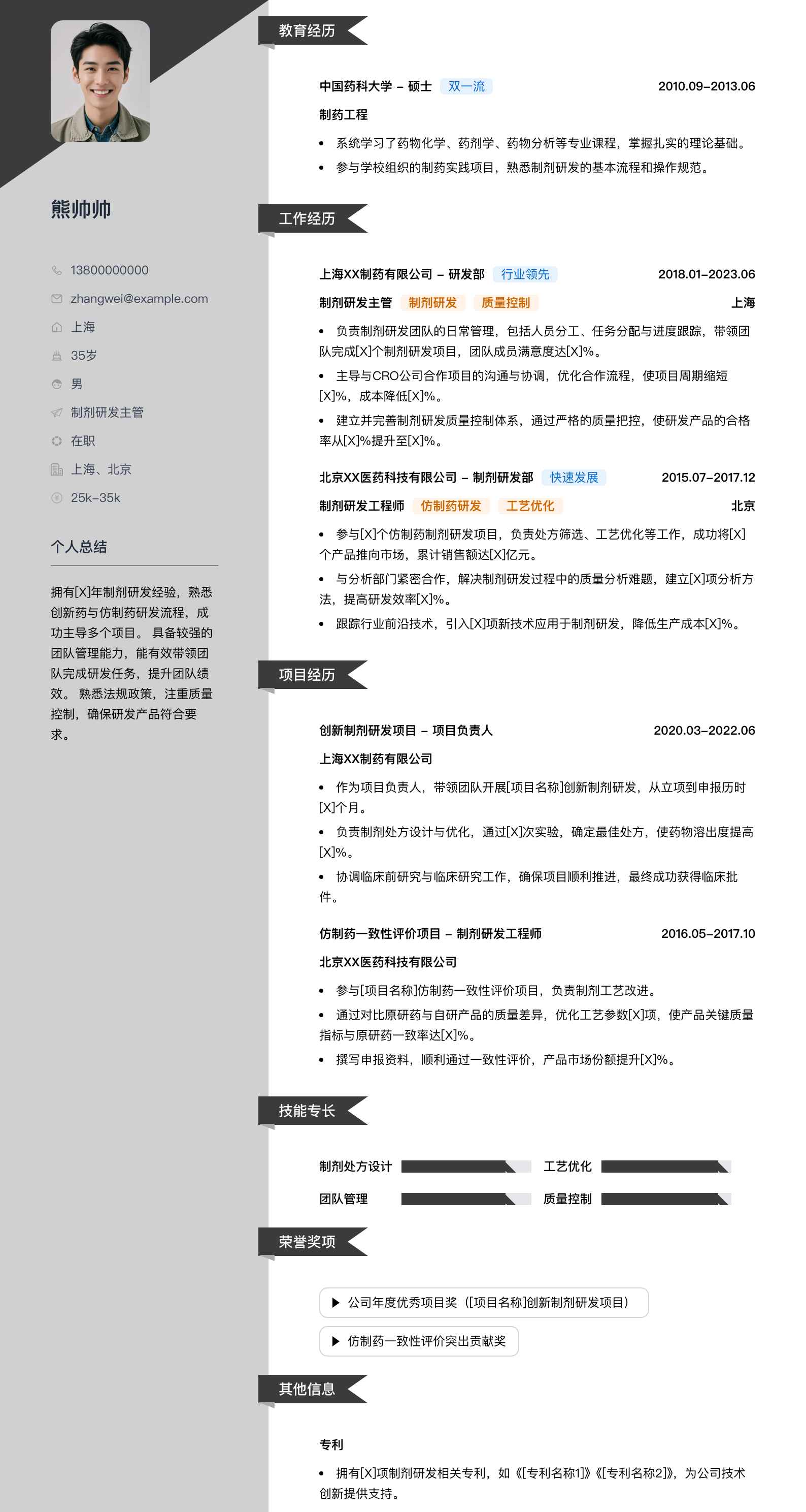 制剂研发主管简历模板