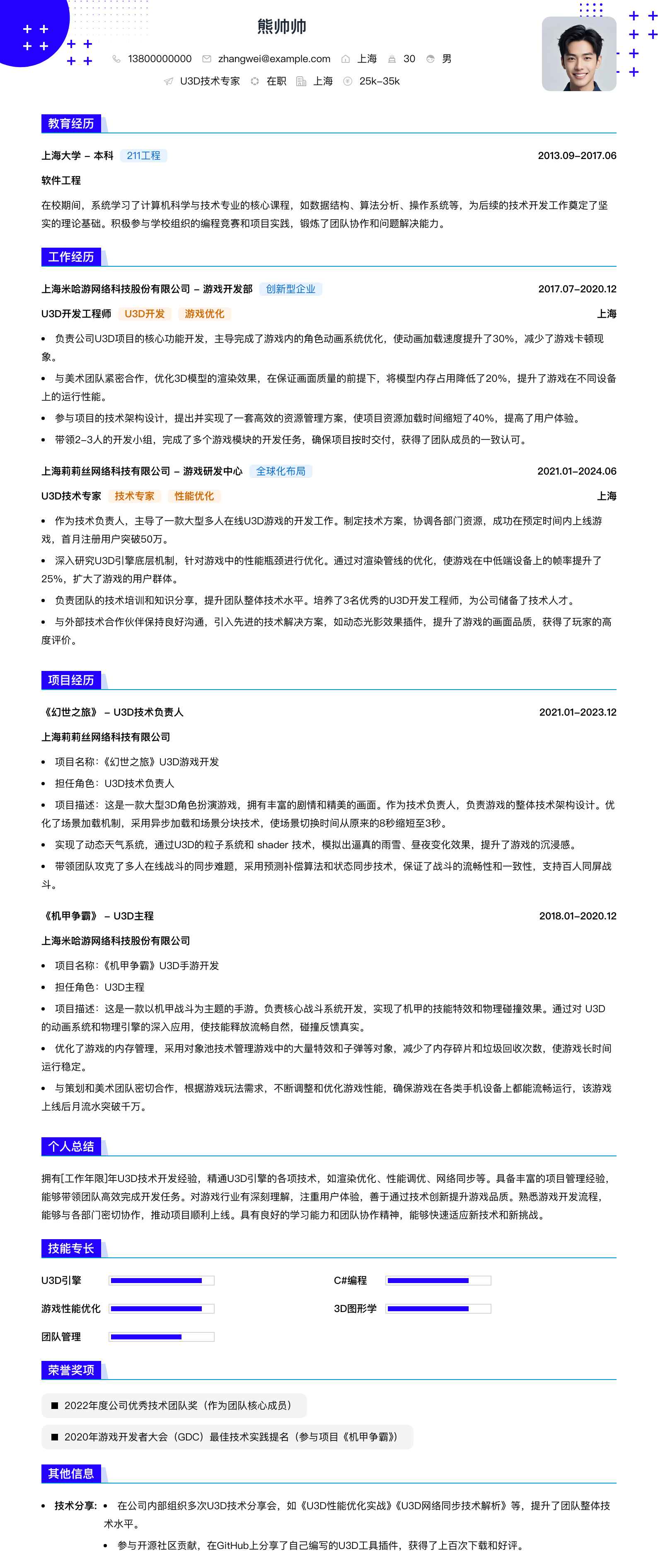 u3d技术专家简历模板