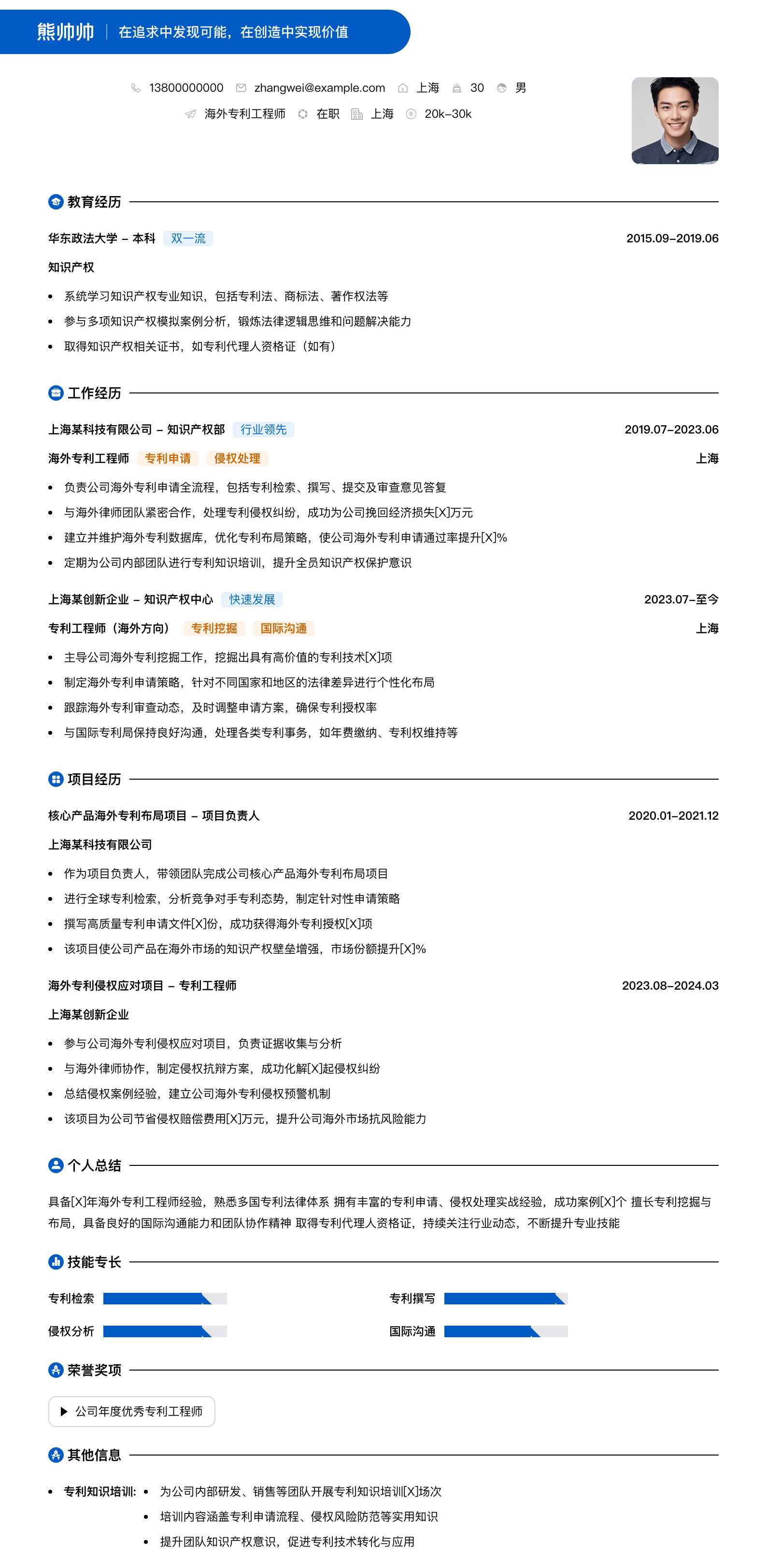 海外专利工程师简历模板