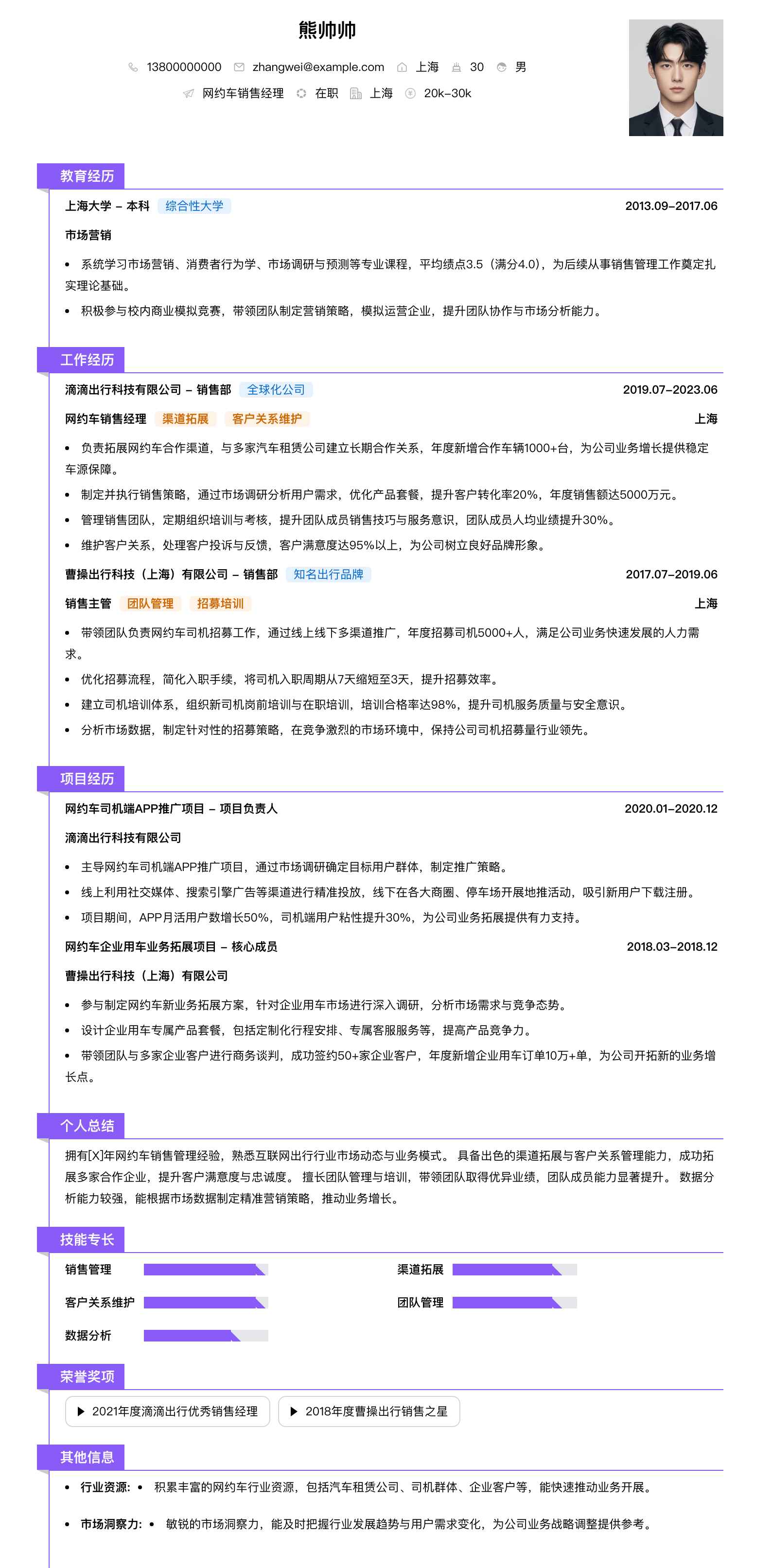 网约车销售经理简历模板