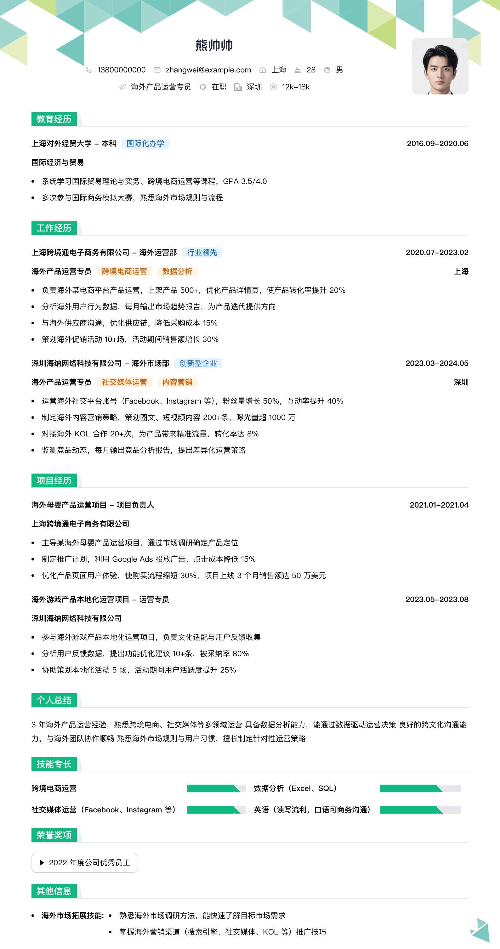 海外产品运营专员简历模板