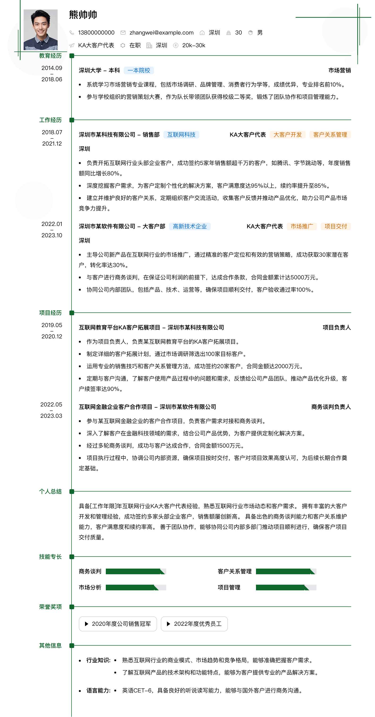 ka大客户代表简历模板