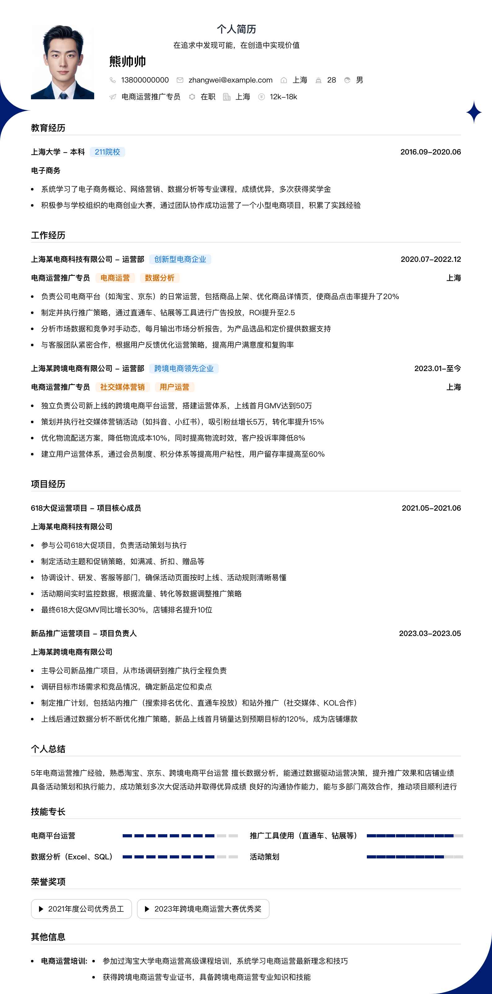 电商运营推广专员简历模板