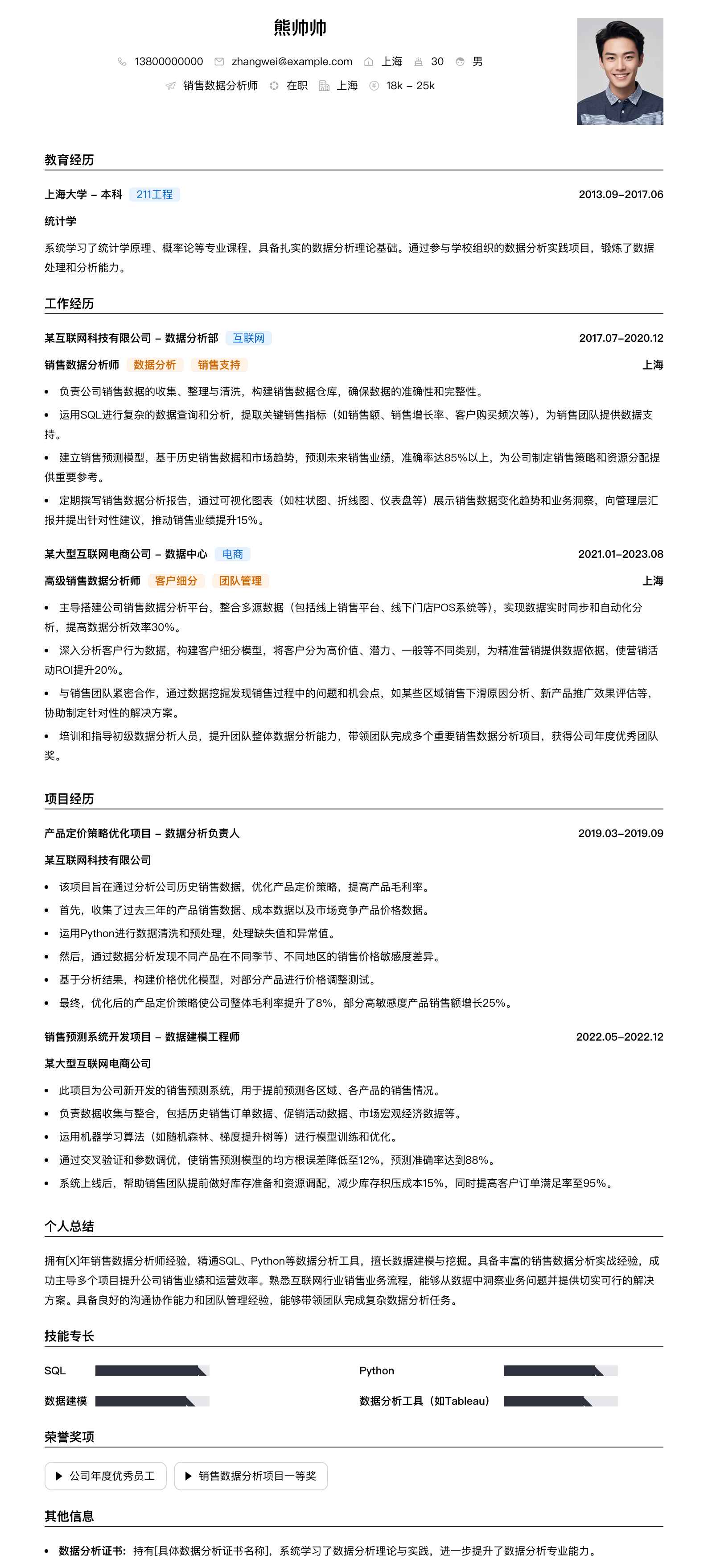 销售数据分析师简历模板
