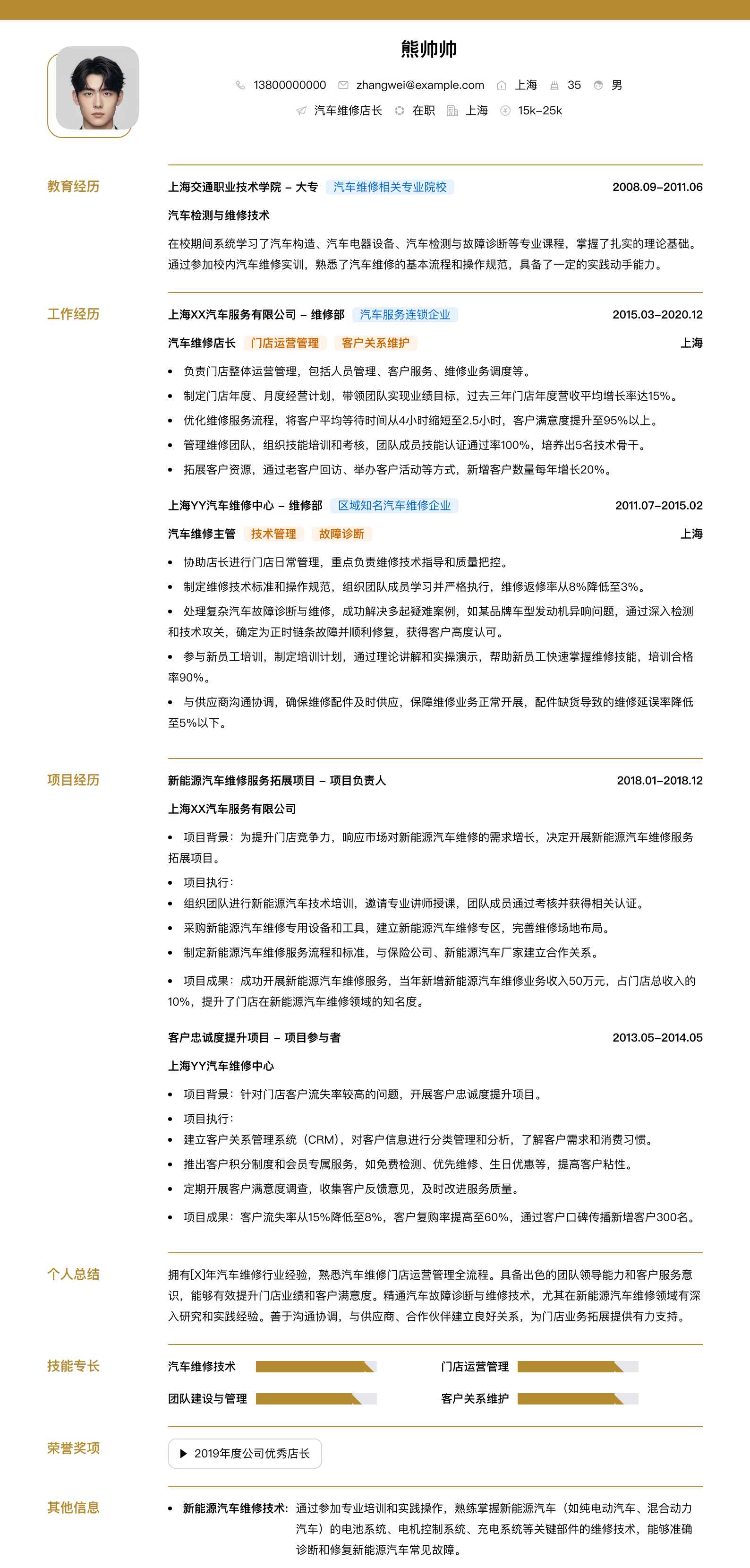 汽车维修店长简历模板