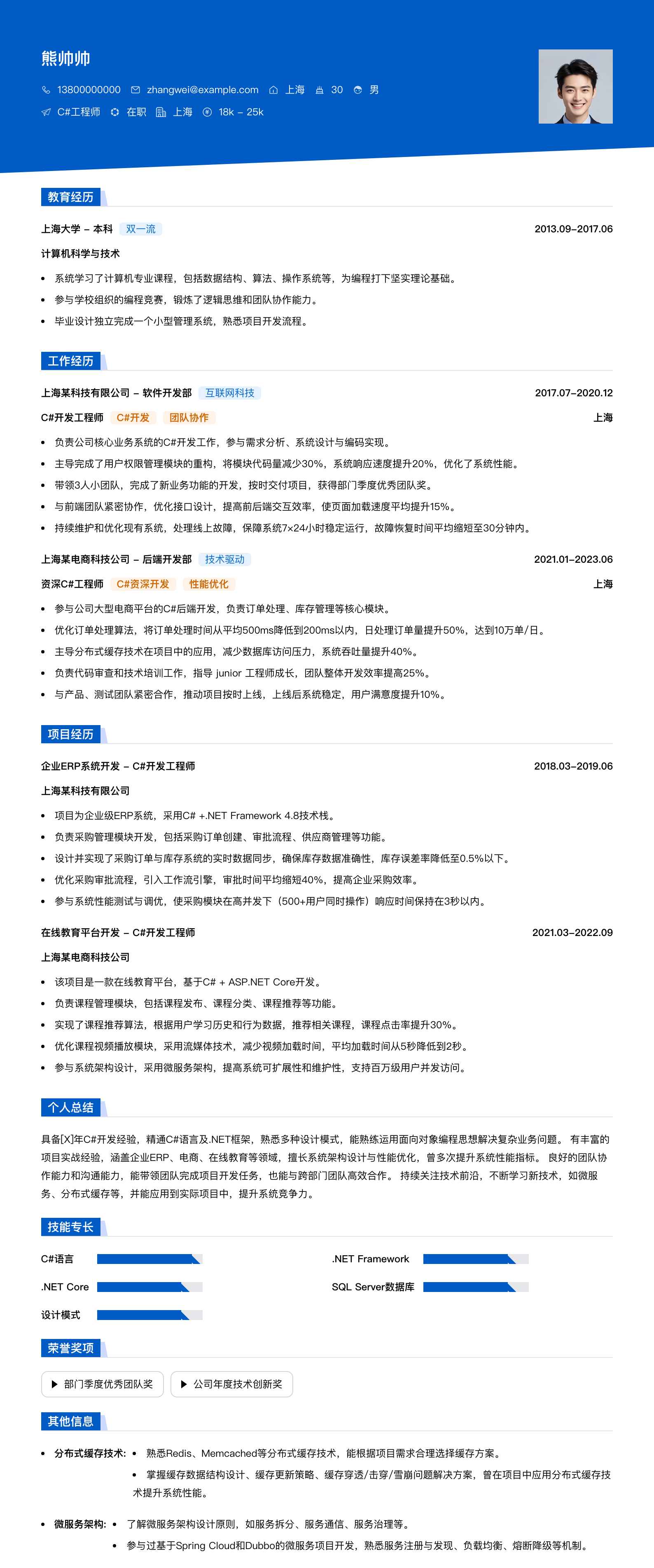 c#工程师简历模板