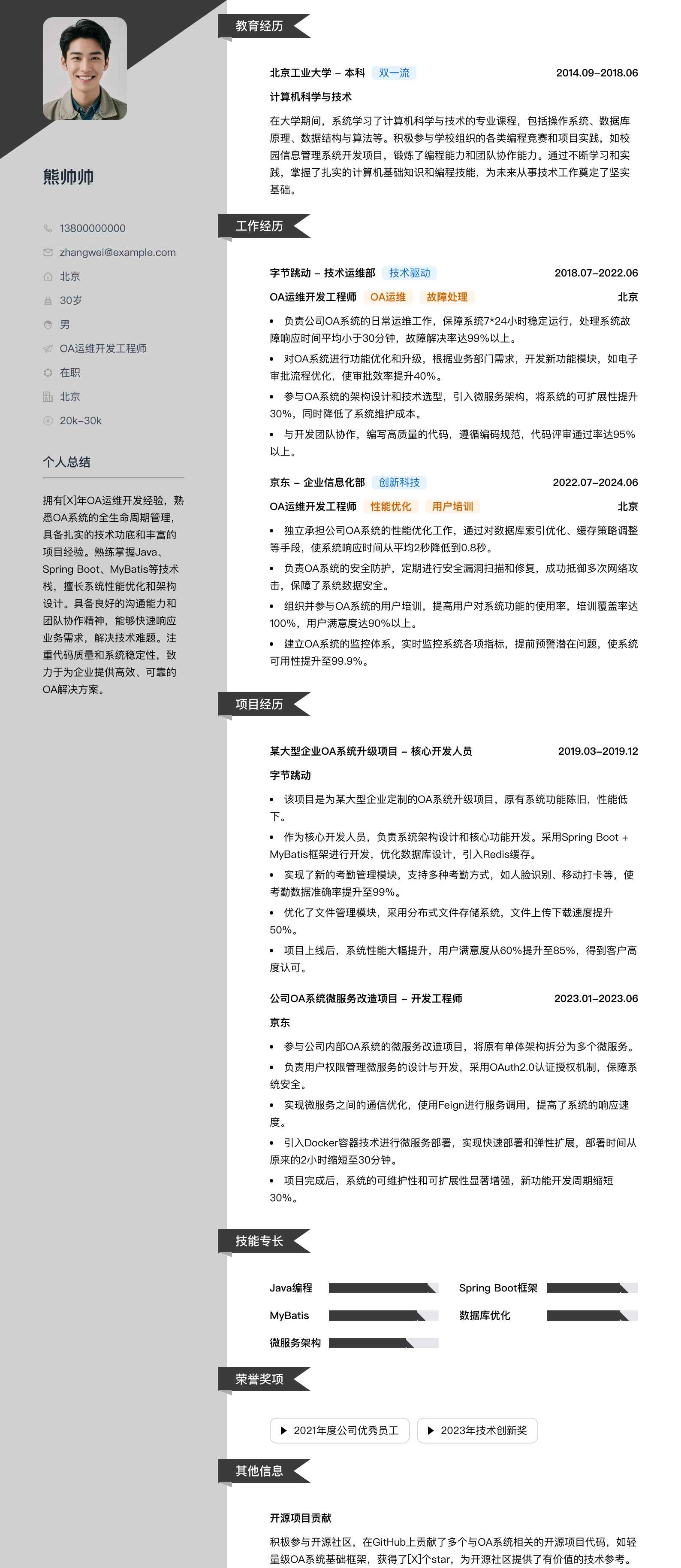oa运维开发工程师简历模板