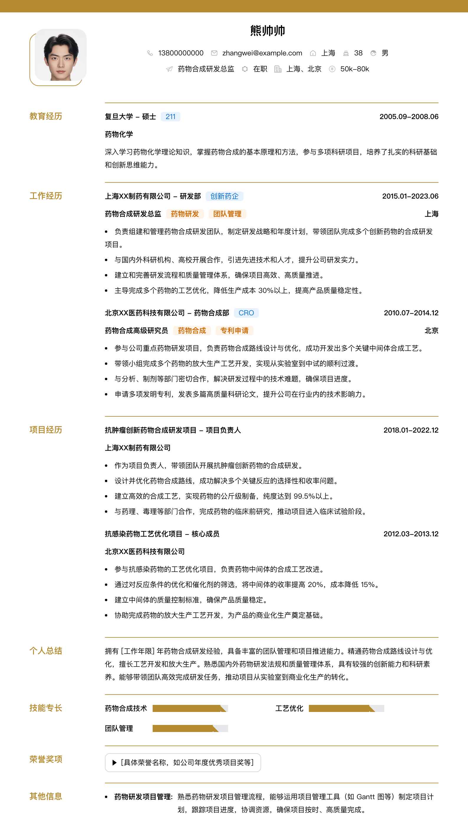 药物合成研发总监简历模板