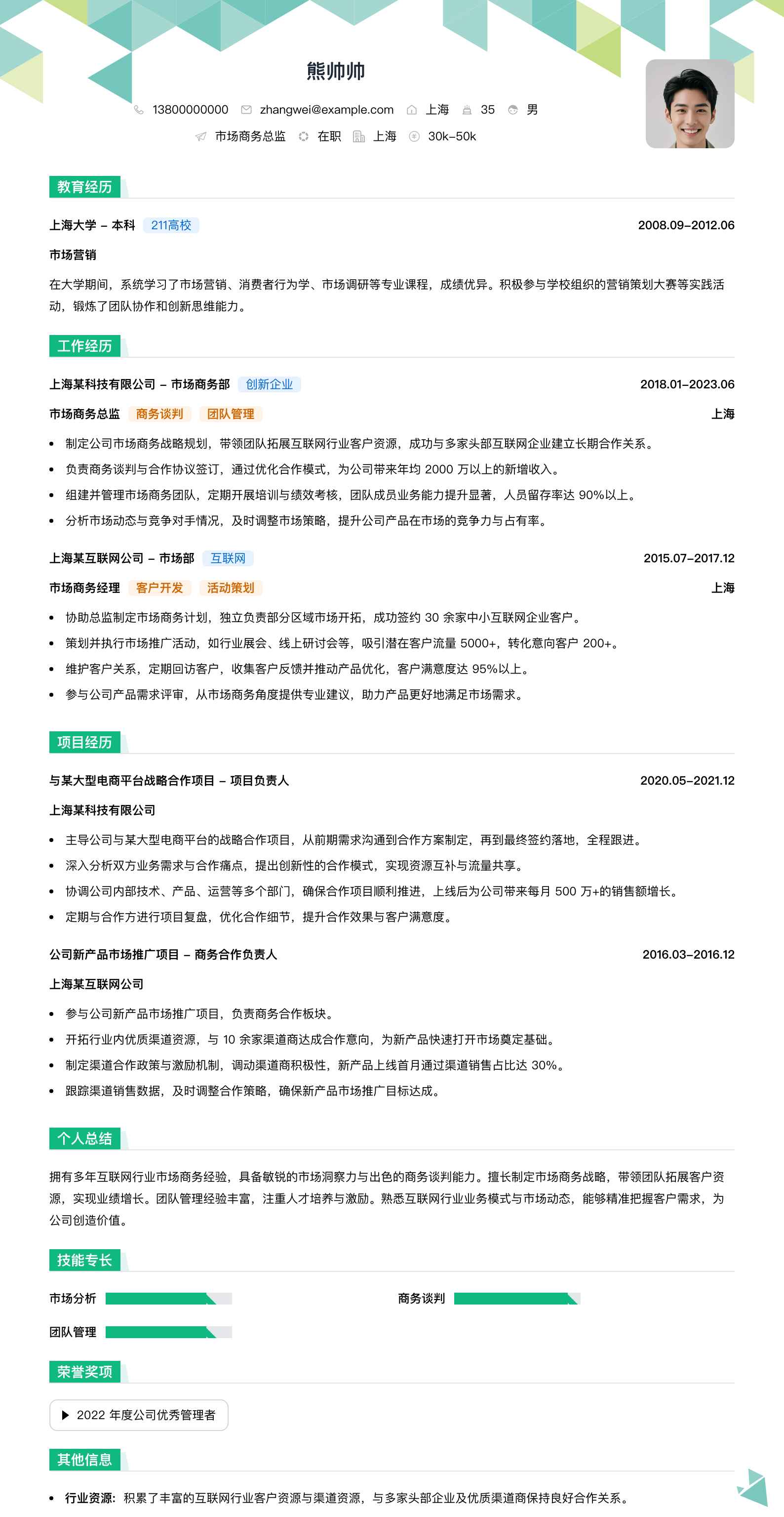 市场商务总监简历模板