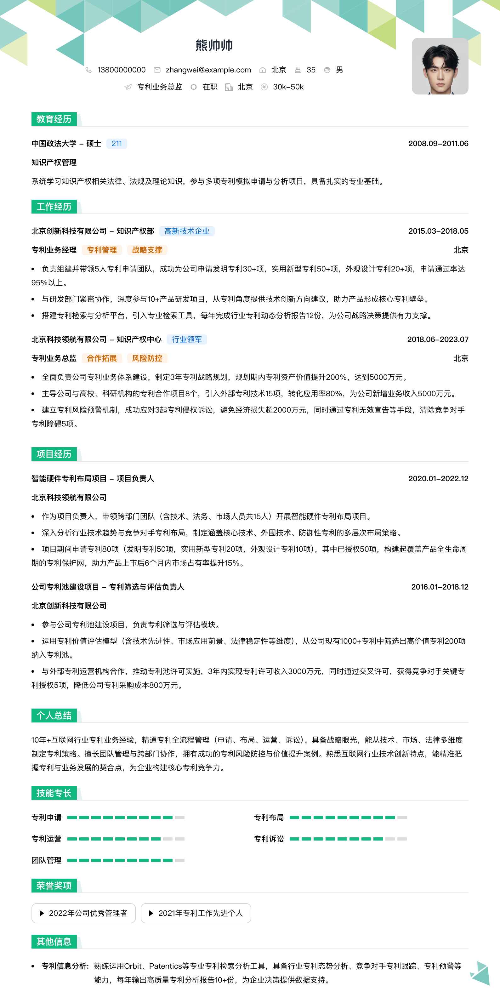 专利业务总监简历模板