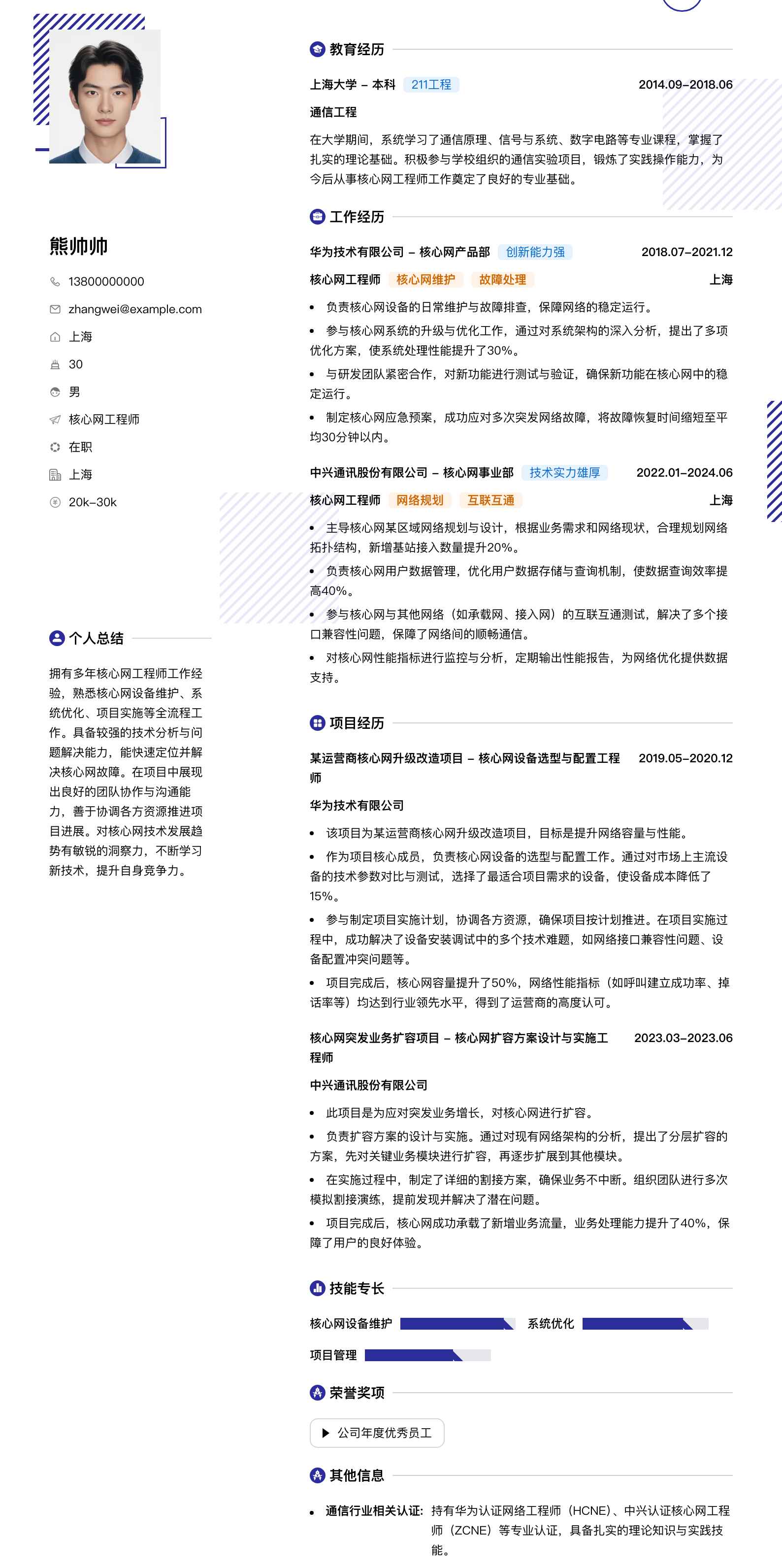 核心网工程师简历模板