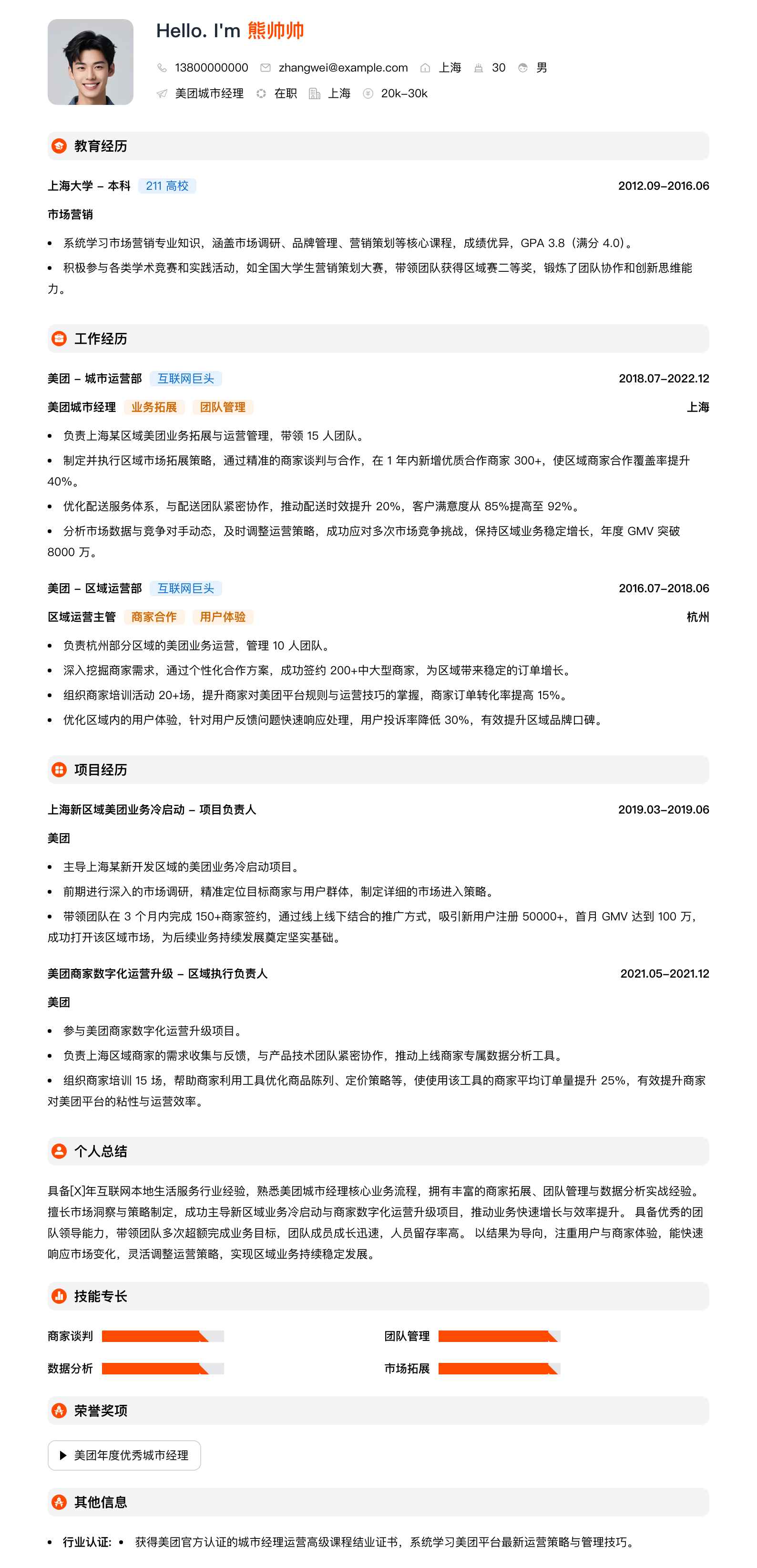 美团城市经理简历模板