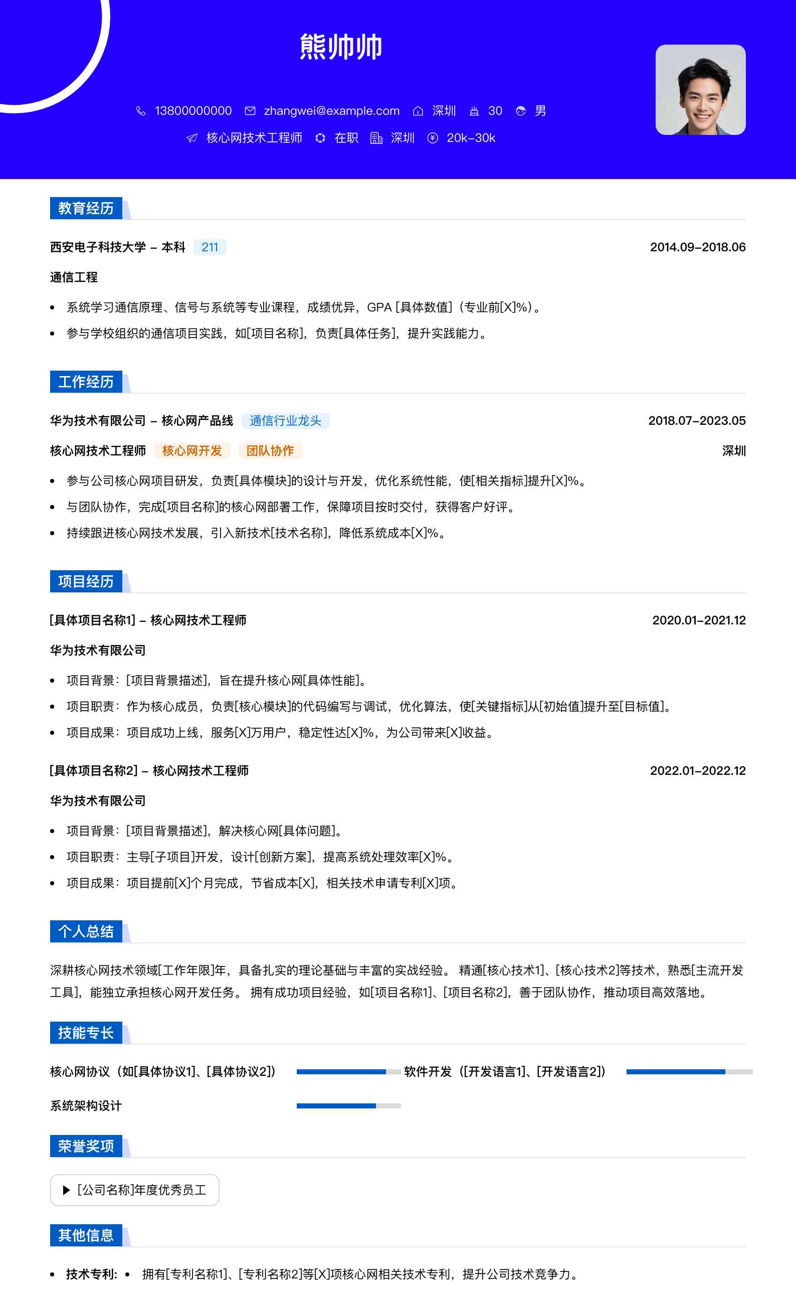 核心网技术工程师简历模板