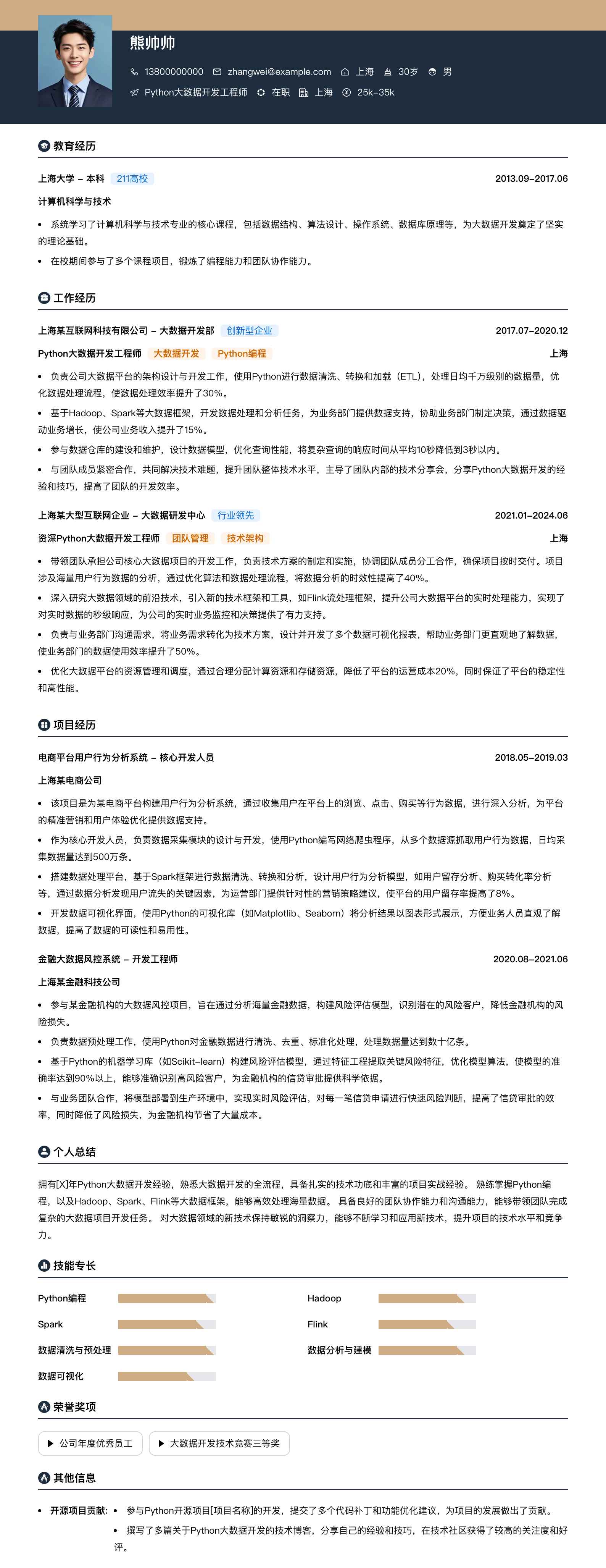 python大数据开发工程师简历模板
