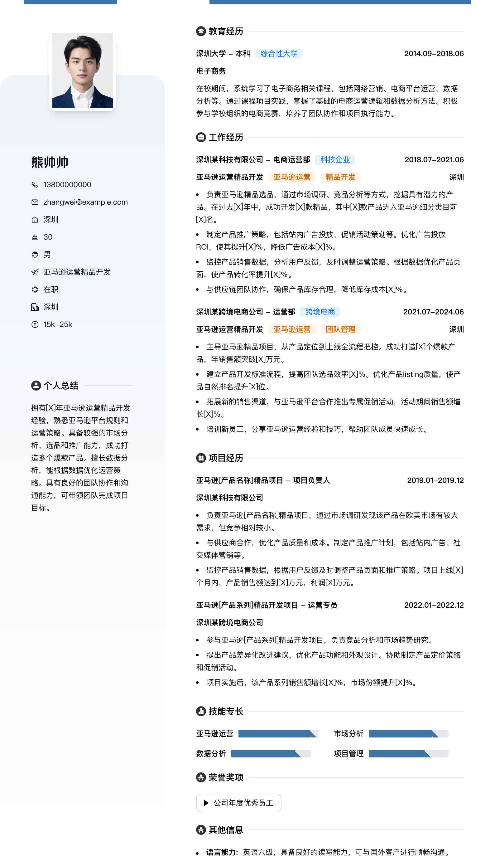 亚马逊运营精品简历模板