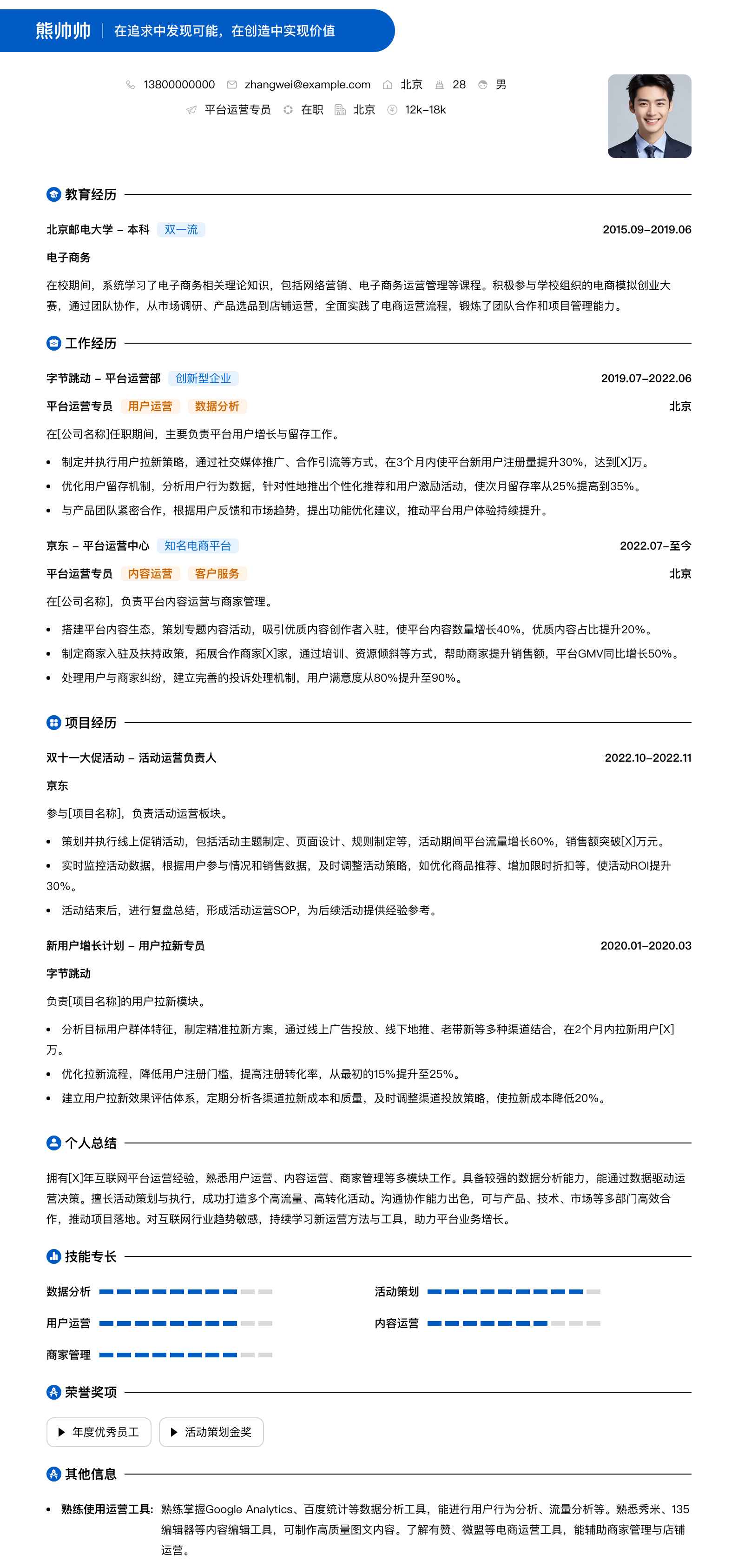 平台运营专员简历模板