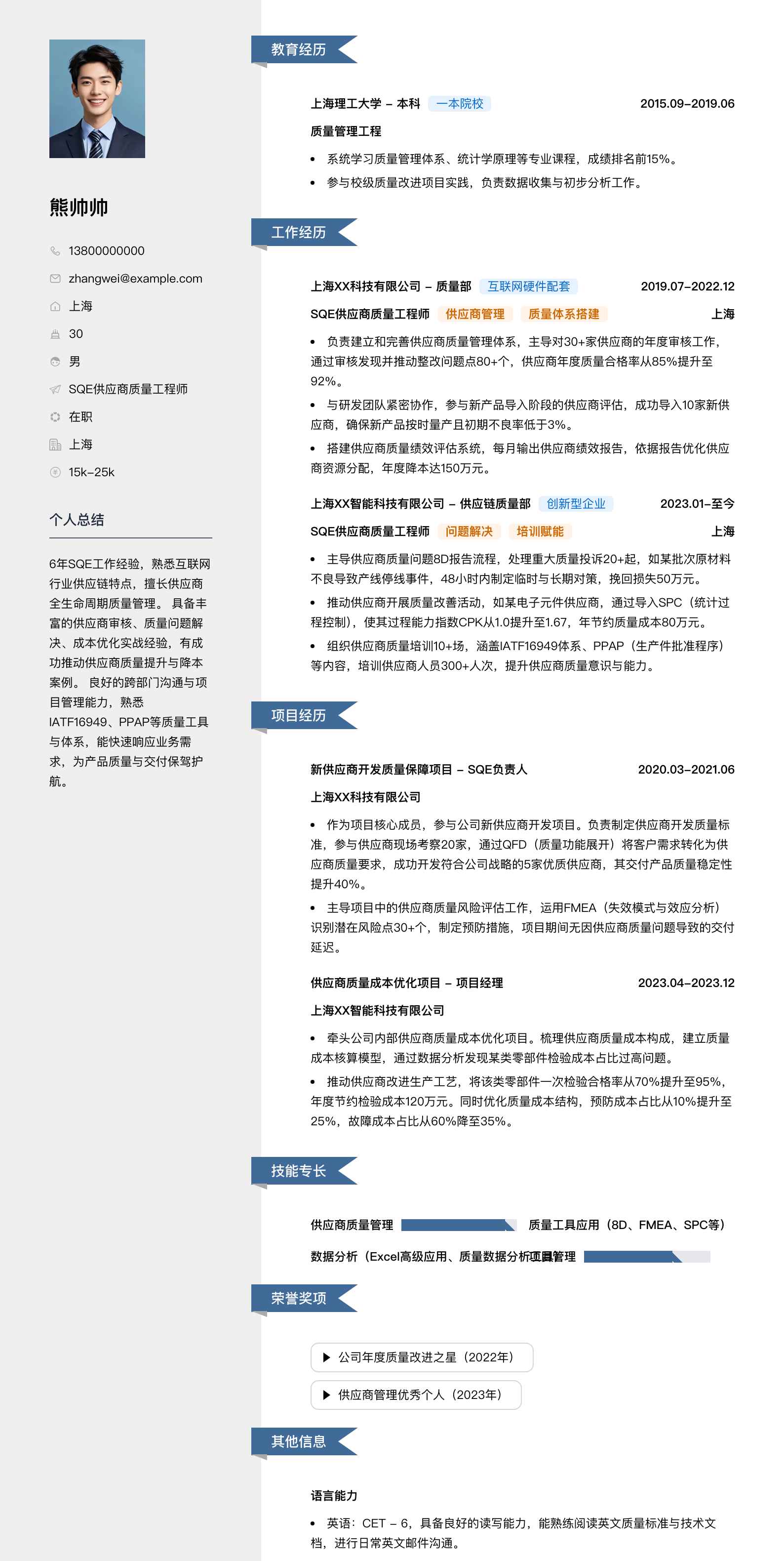 sqe供应商质量工程师简历模板