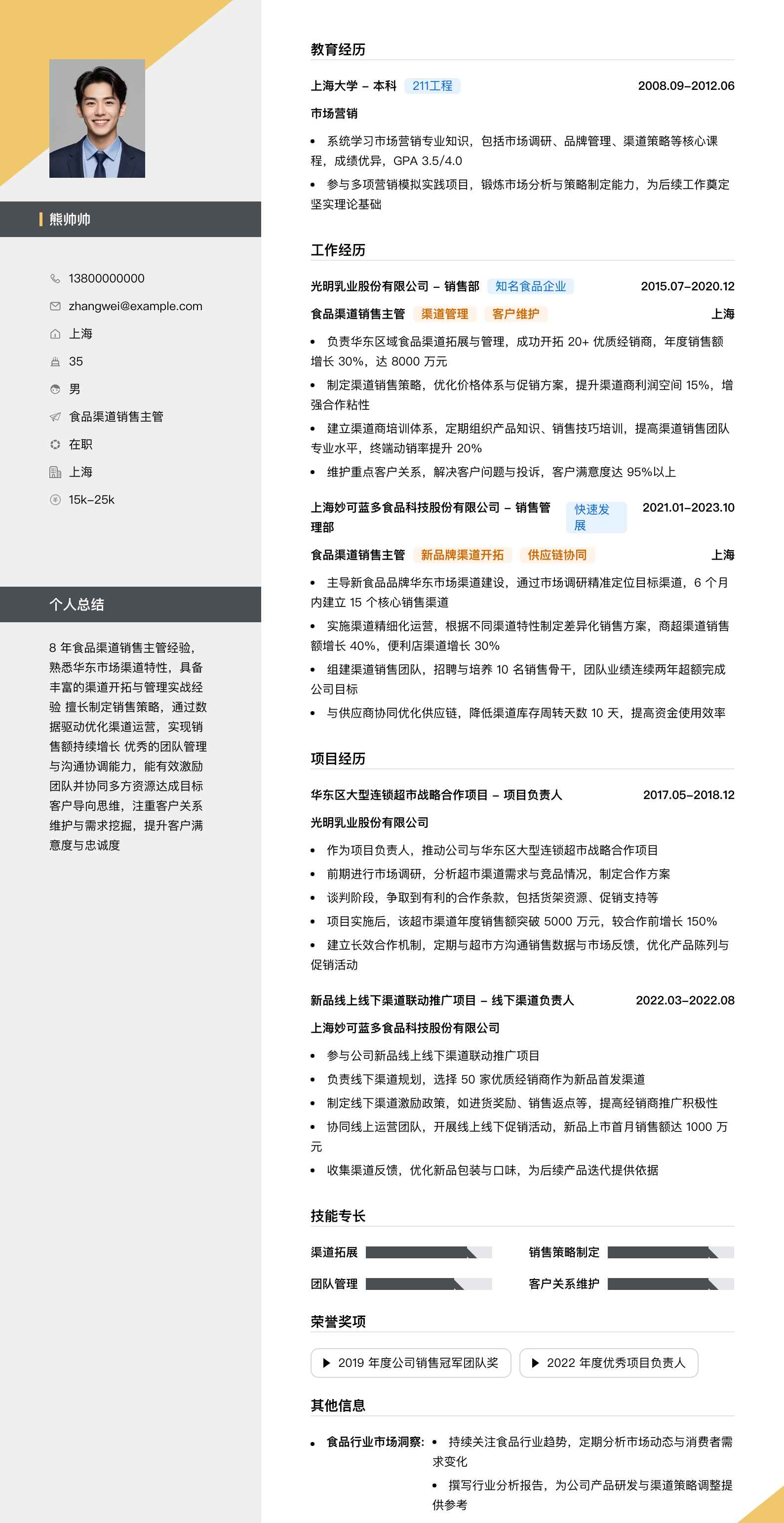 食品渠道销售主管简历模板