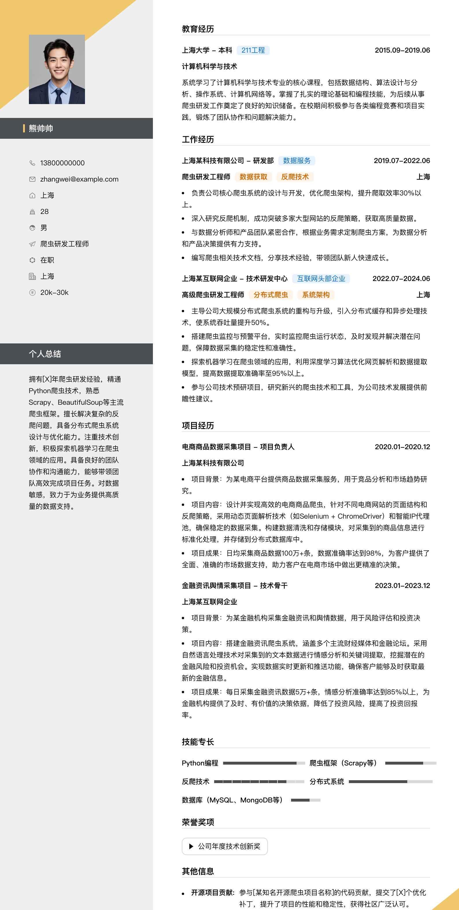 爬虫研发工程师简历模板