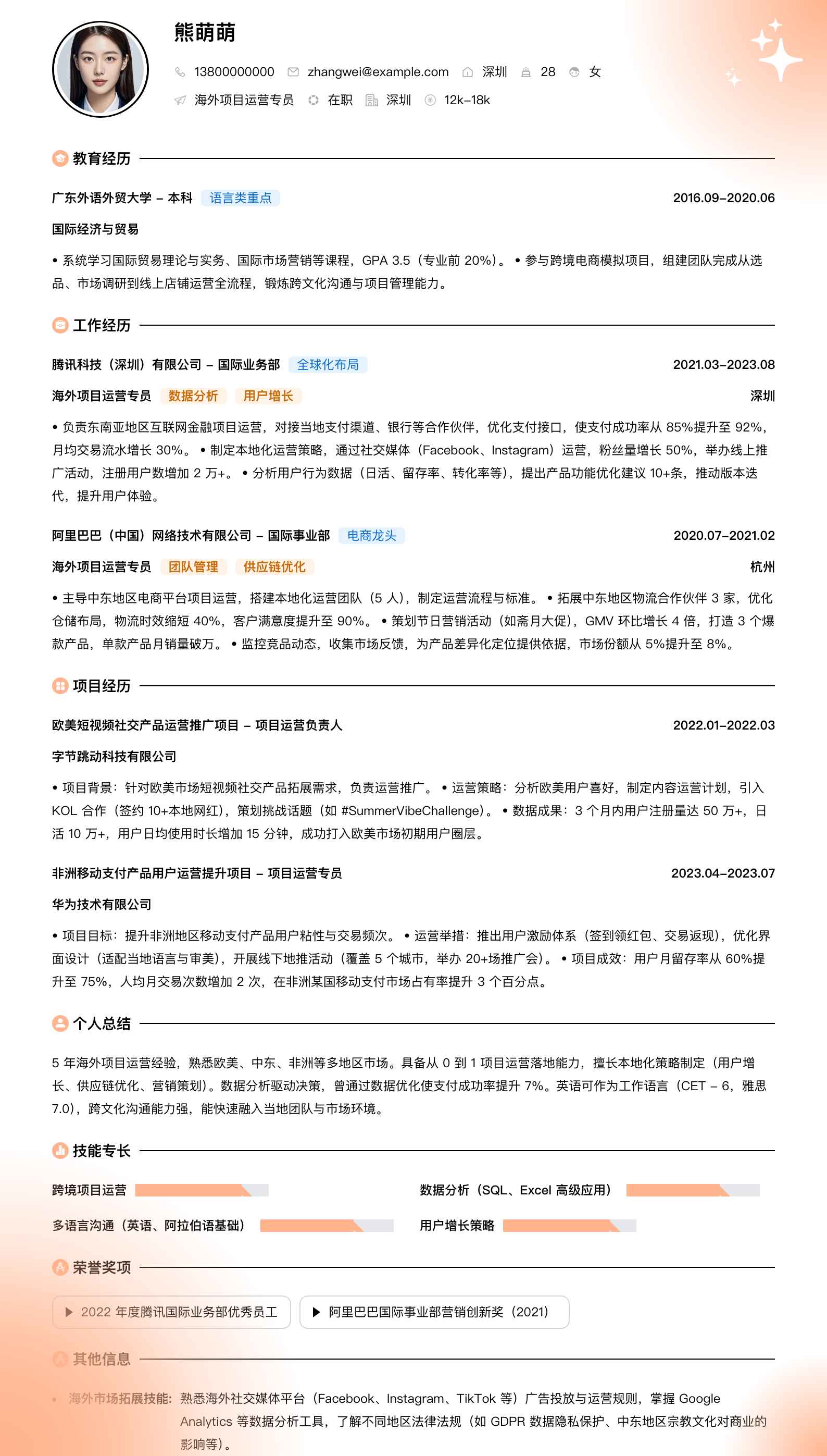 海外项目运营专员简历模板