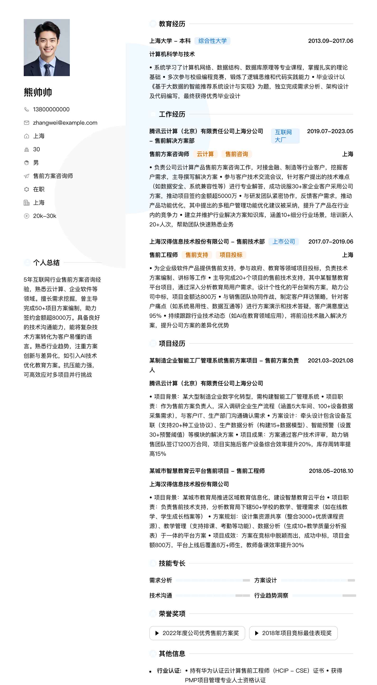 售前方案咨询师简历模板