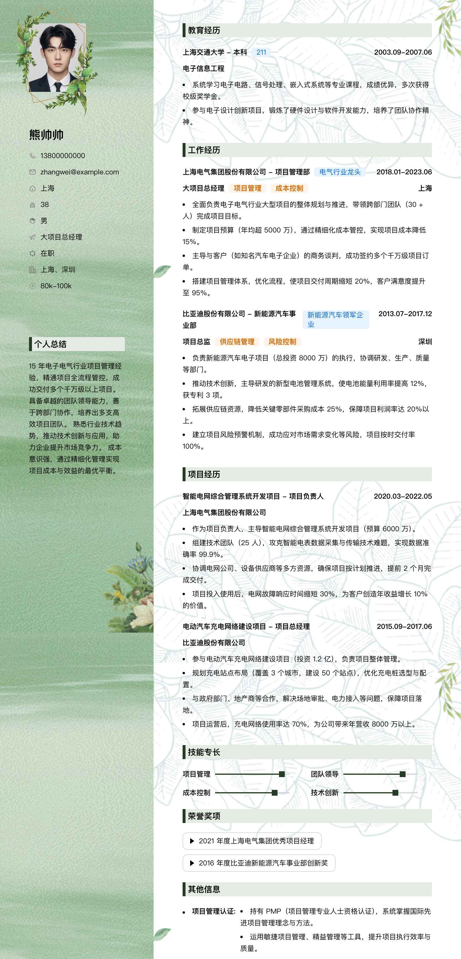 大项目总经理简历模板