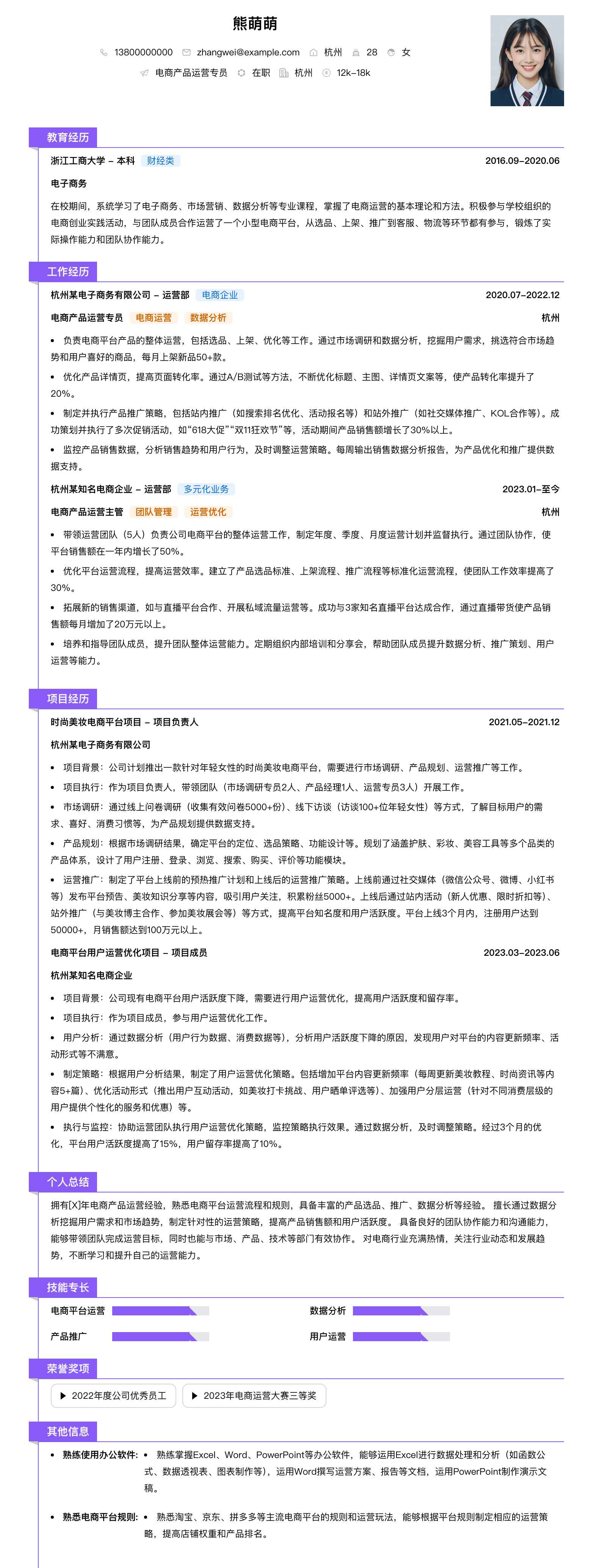 电商产品运营专员简历模板