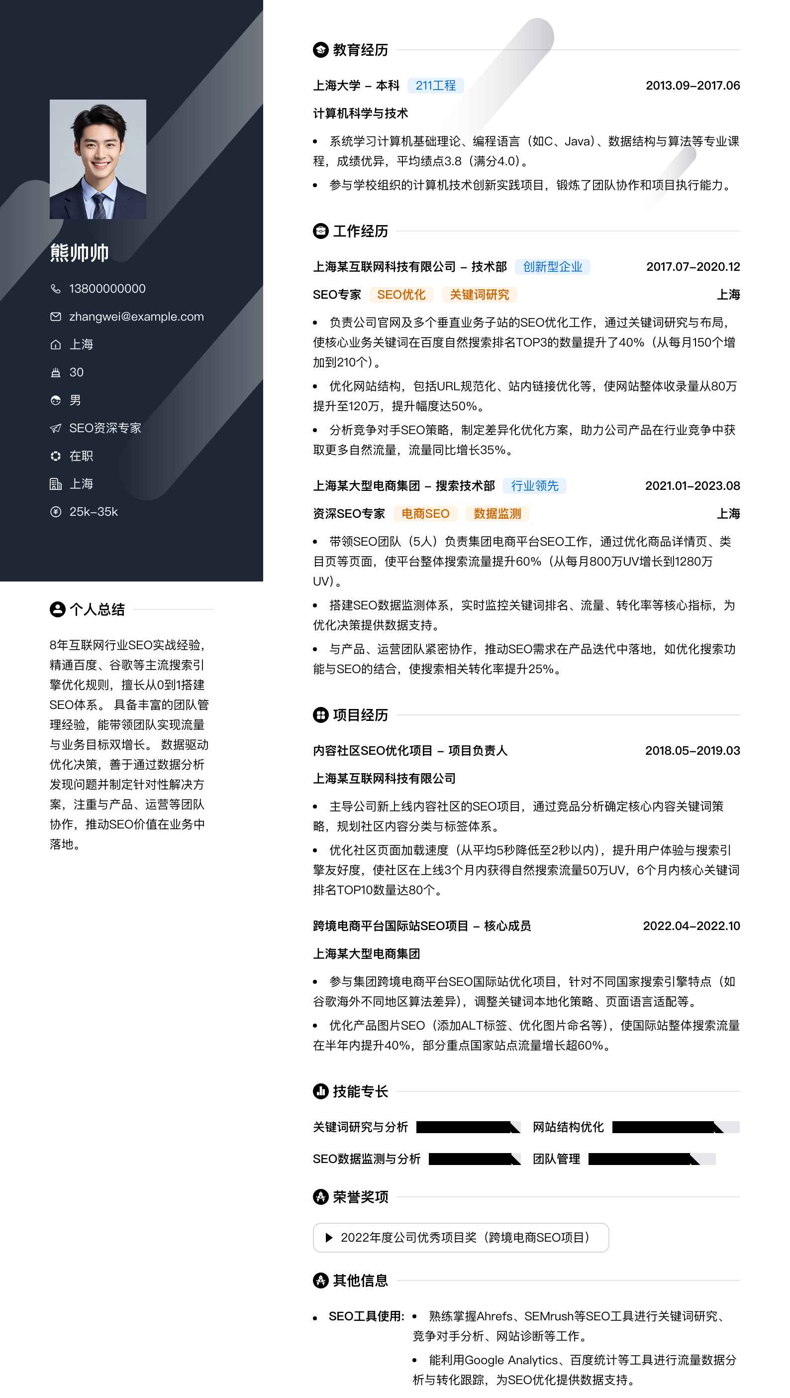 seo资深专家简历模板