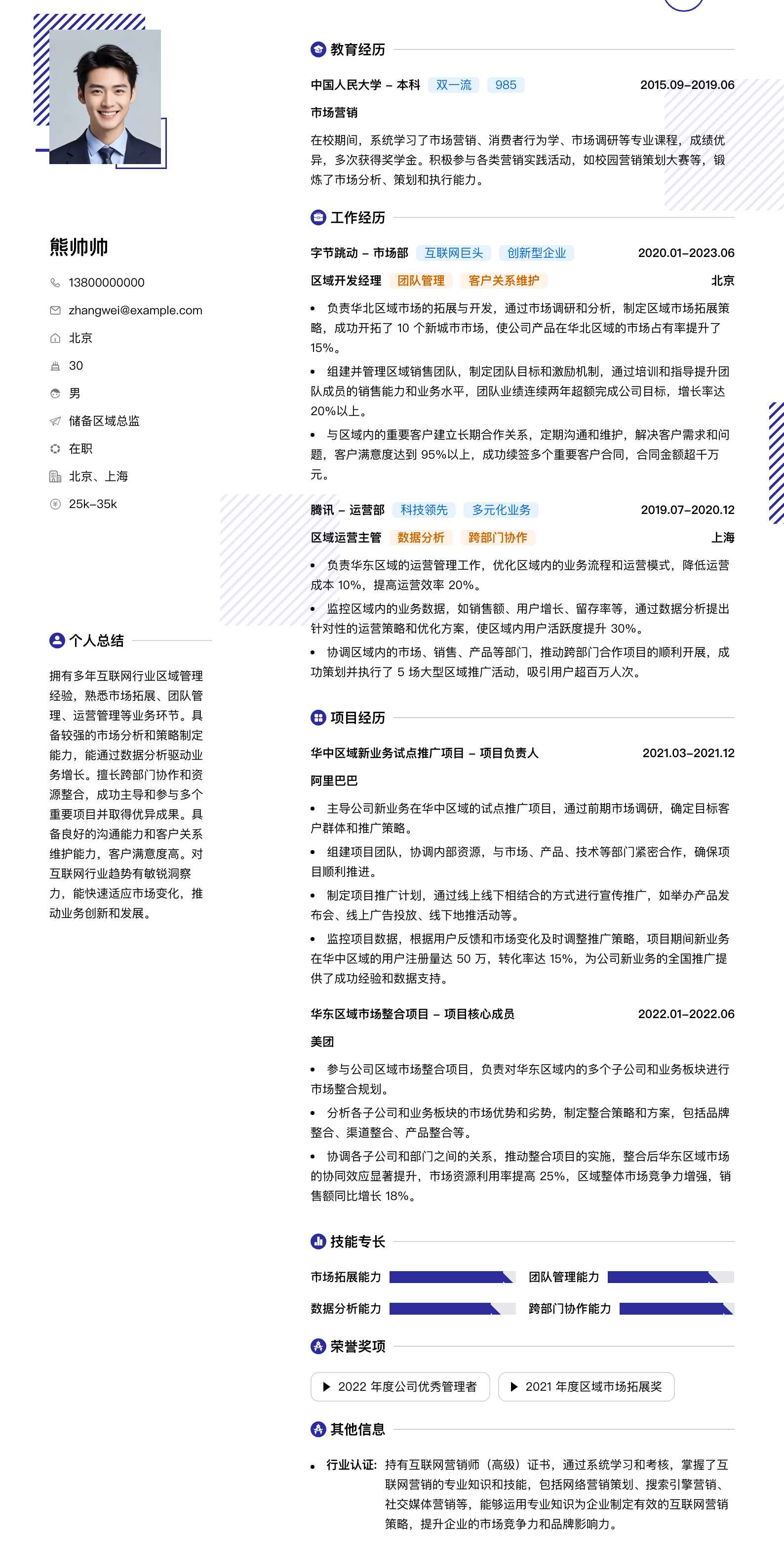 储备区域总监简历模板