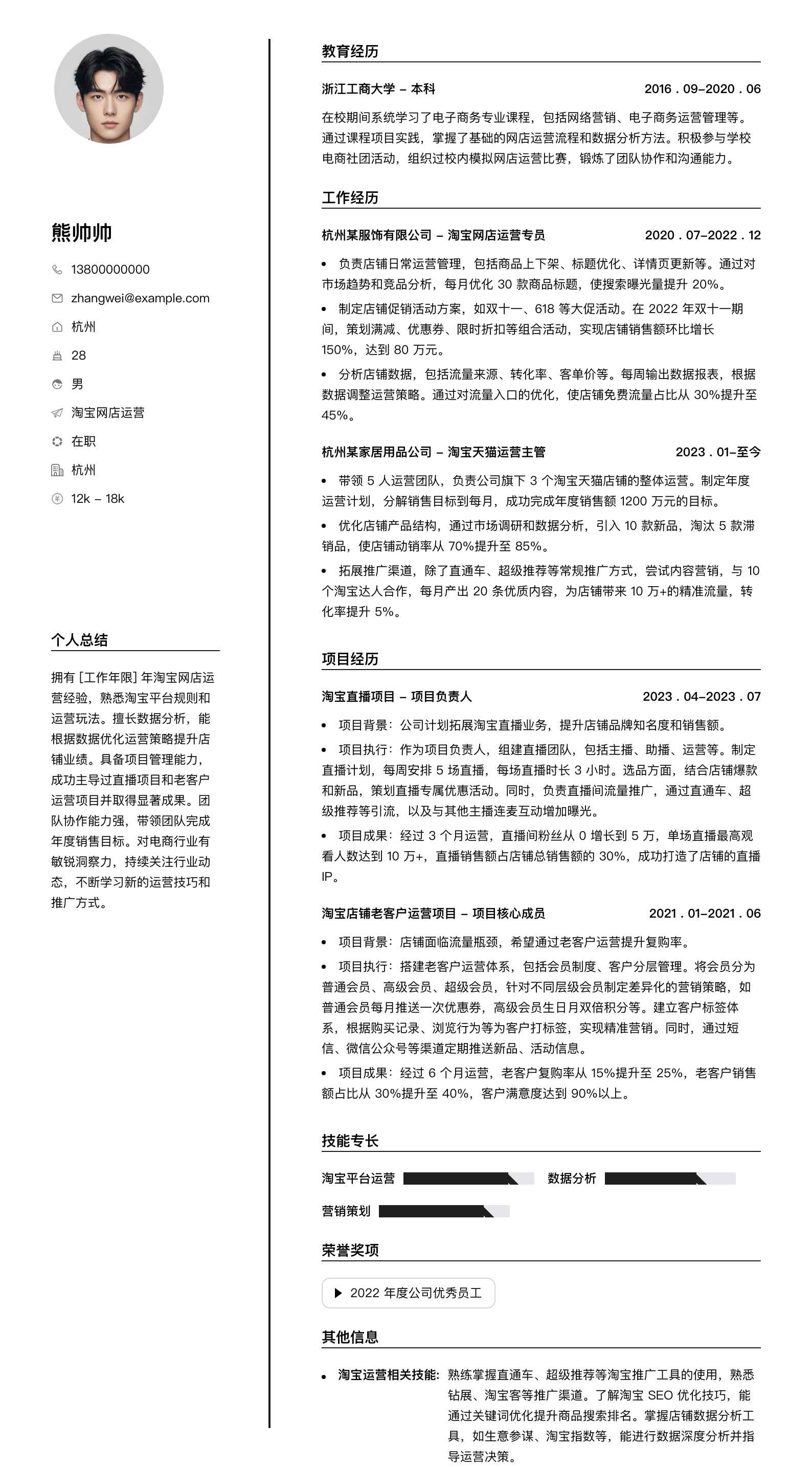 淘宝网店运营简历模板