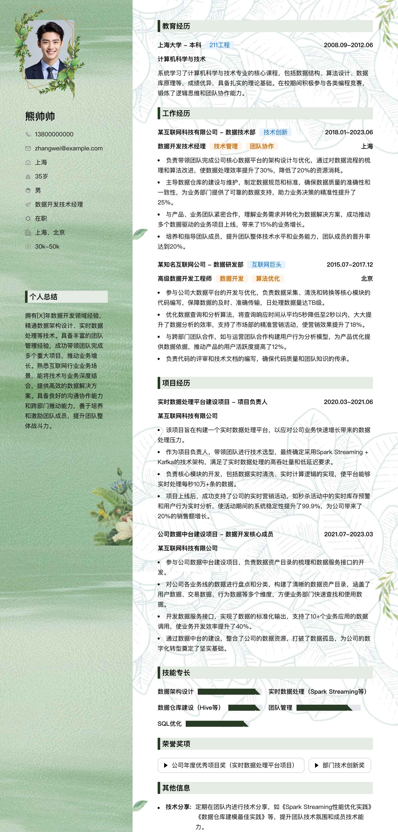 数据开发技术经理简历模板