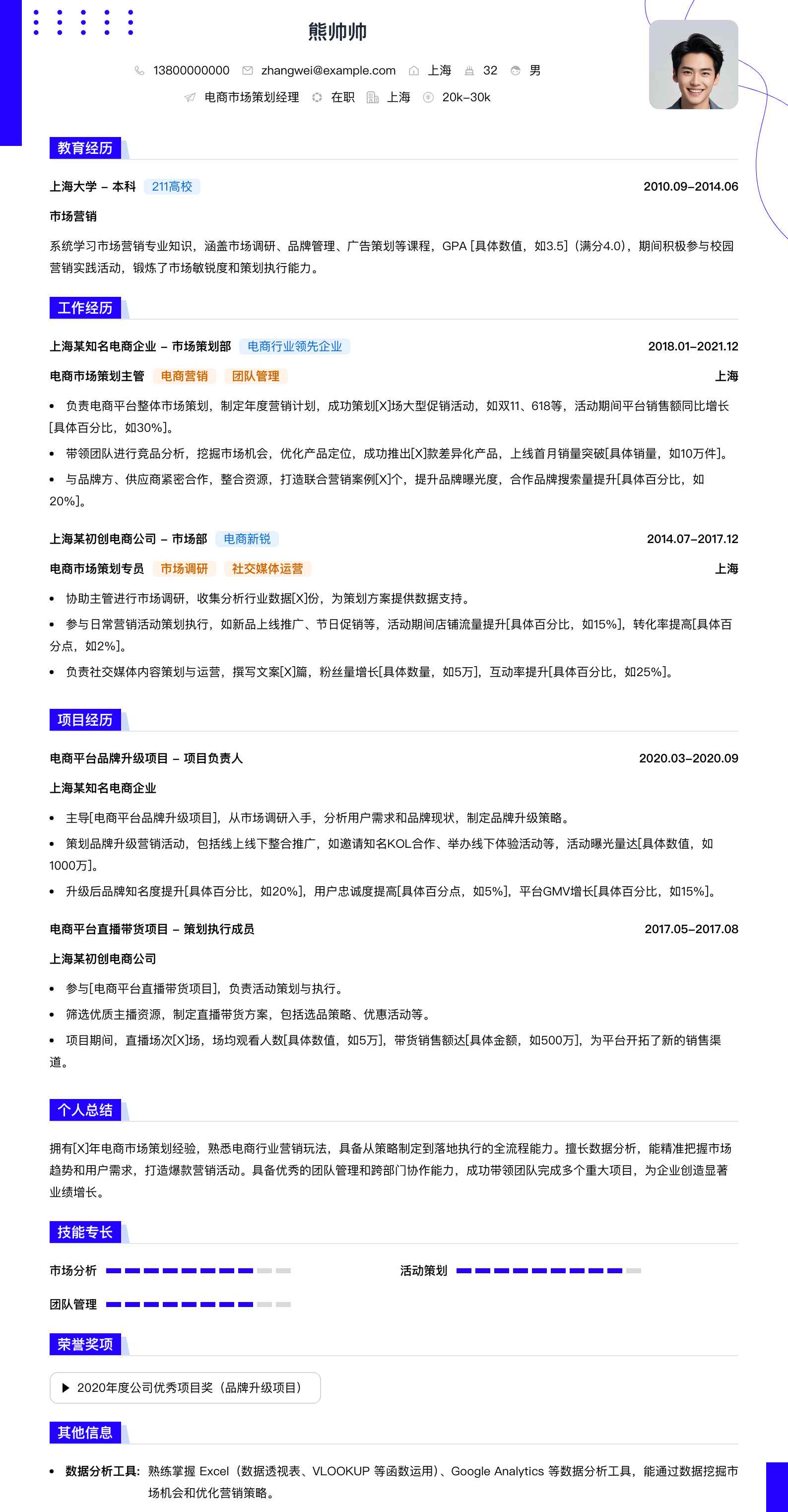 电商市场策划经理简历模板