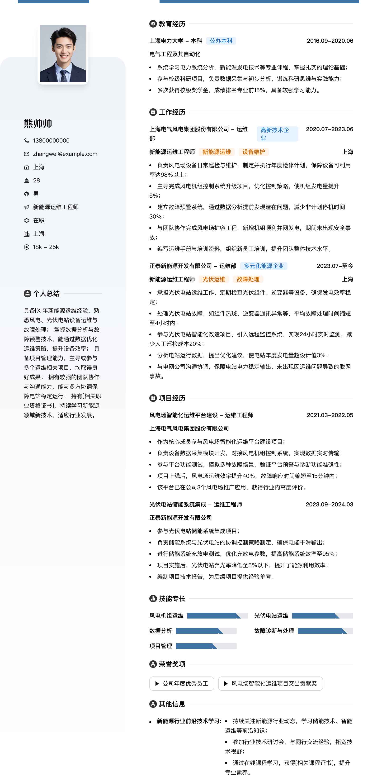 新能源运维工程师简历模板
