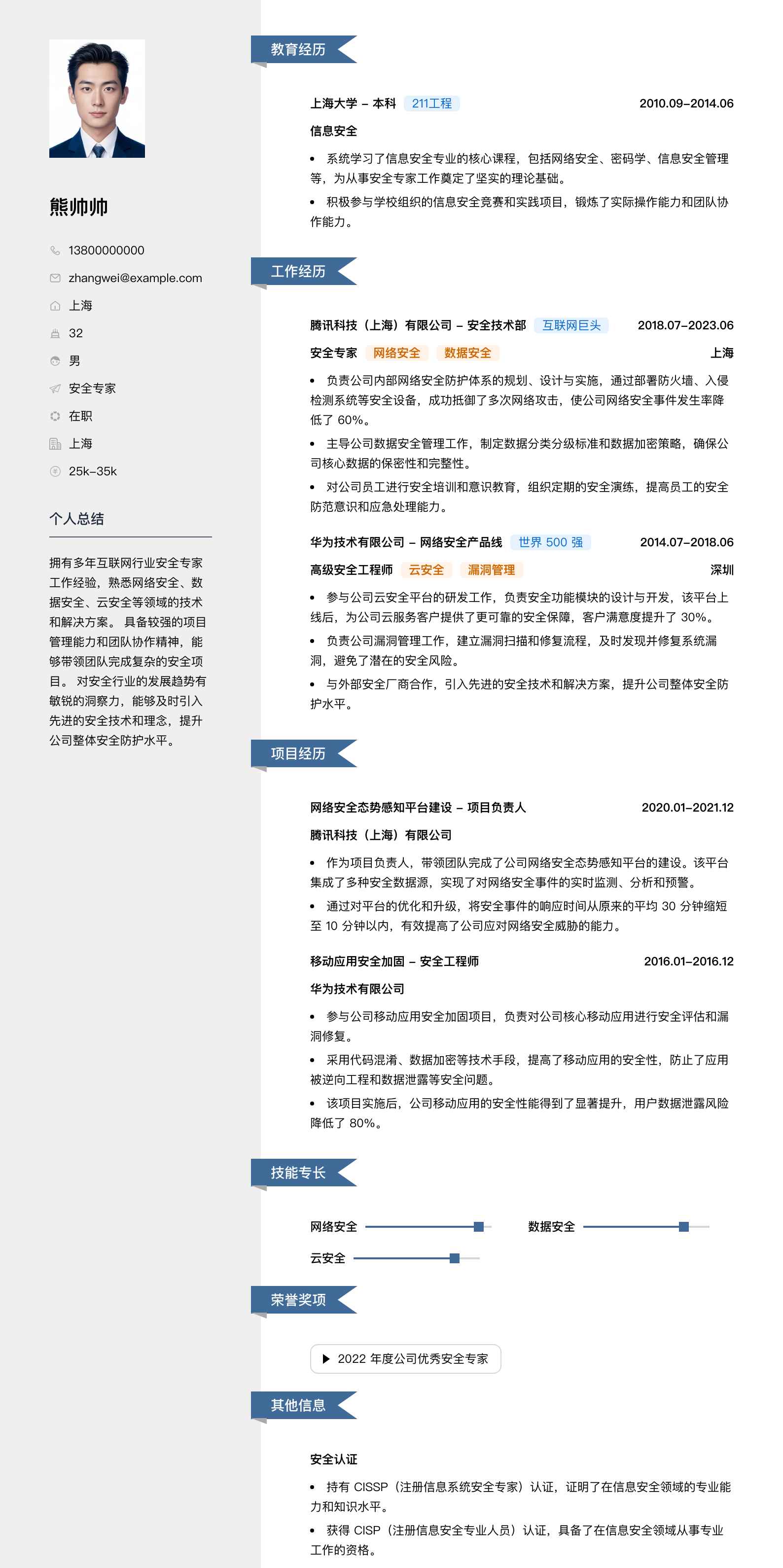 安全专家简历模板