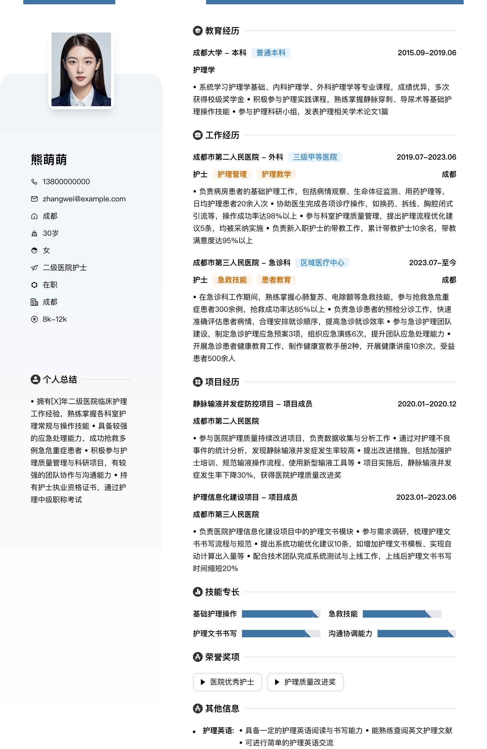 二级医院护士简历模板