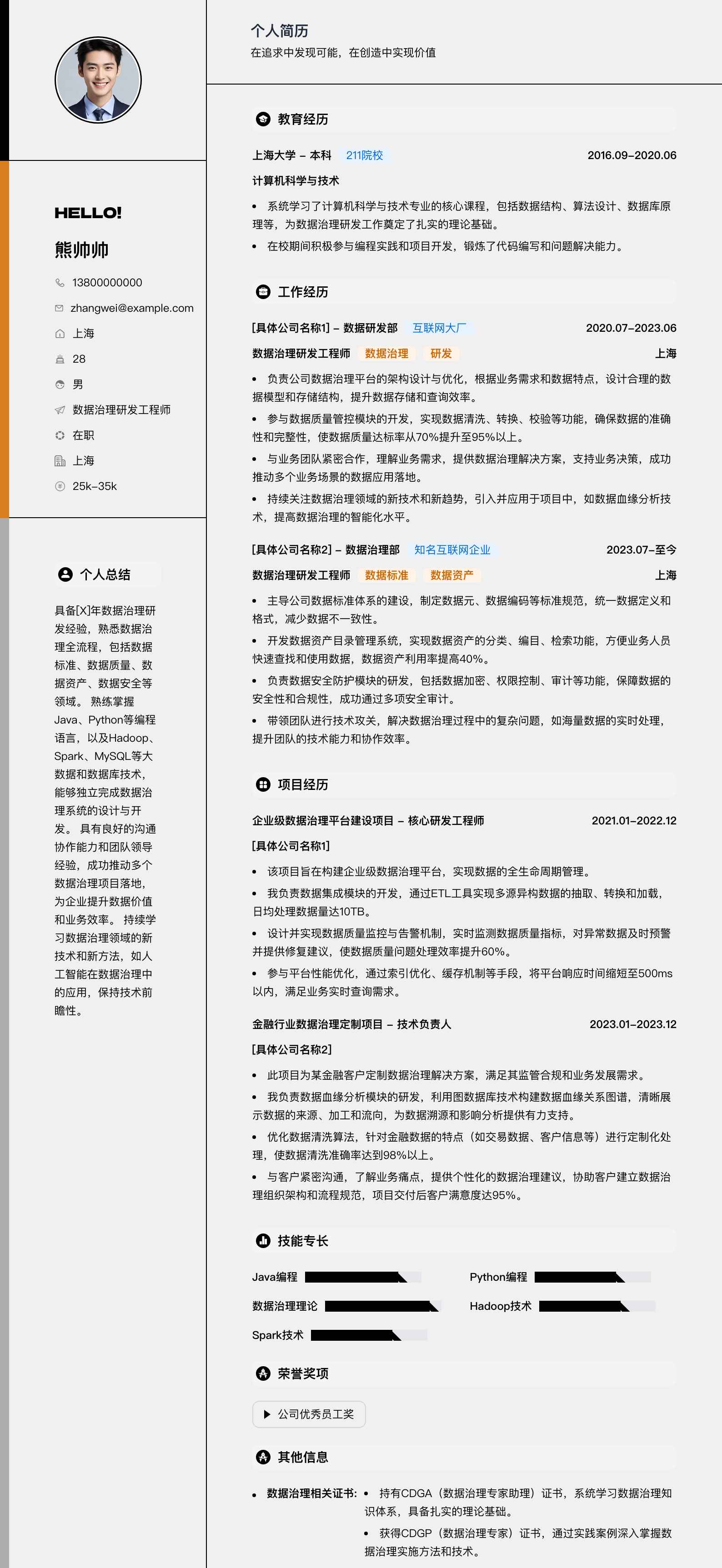 数据治理研发工程师简历模板