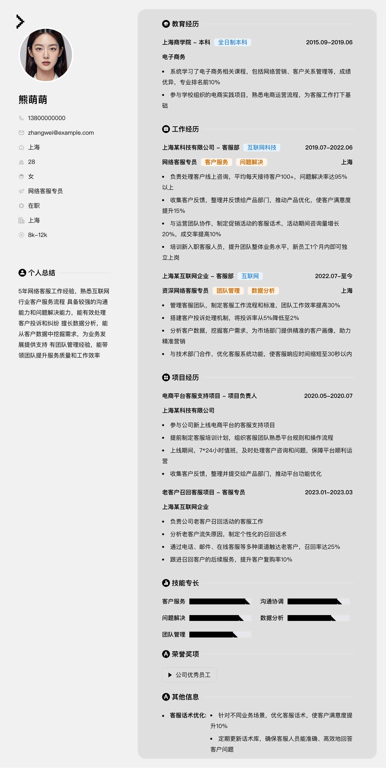 网络客服专员简历模板