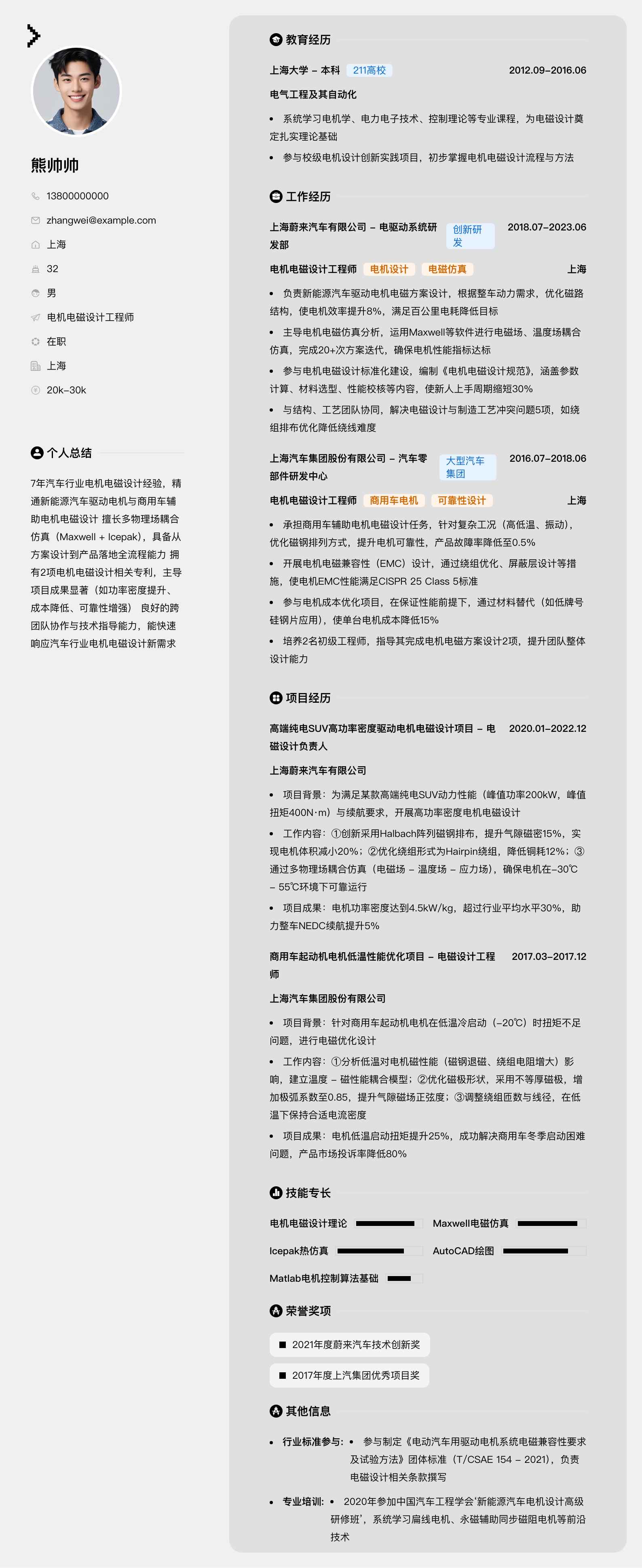电机电磁设计工程师简历模板