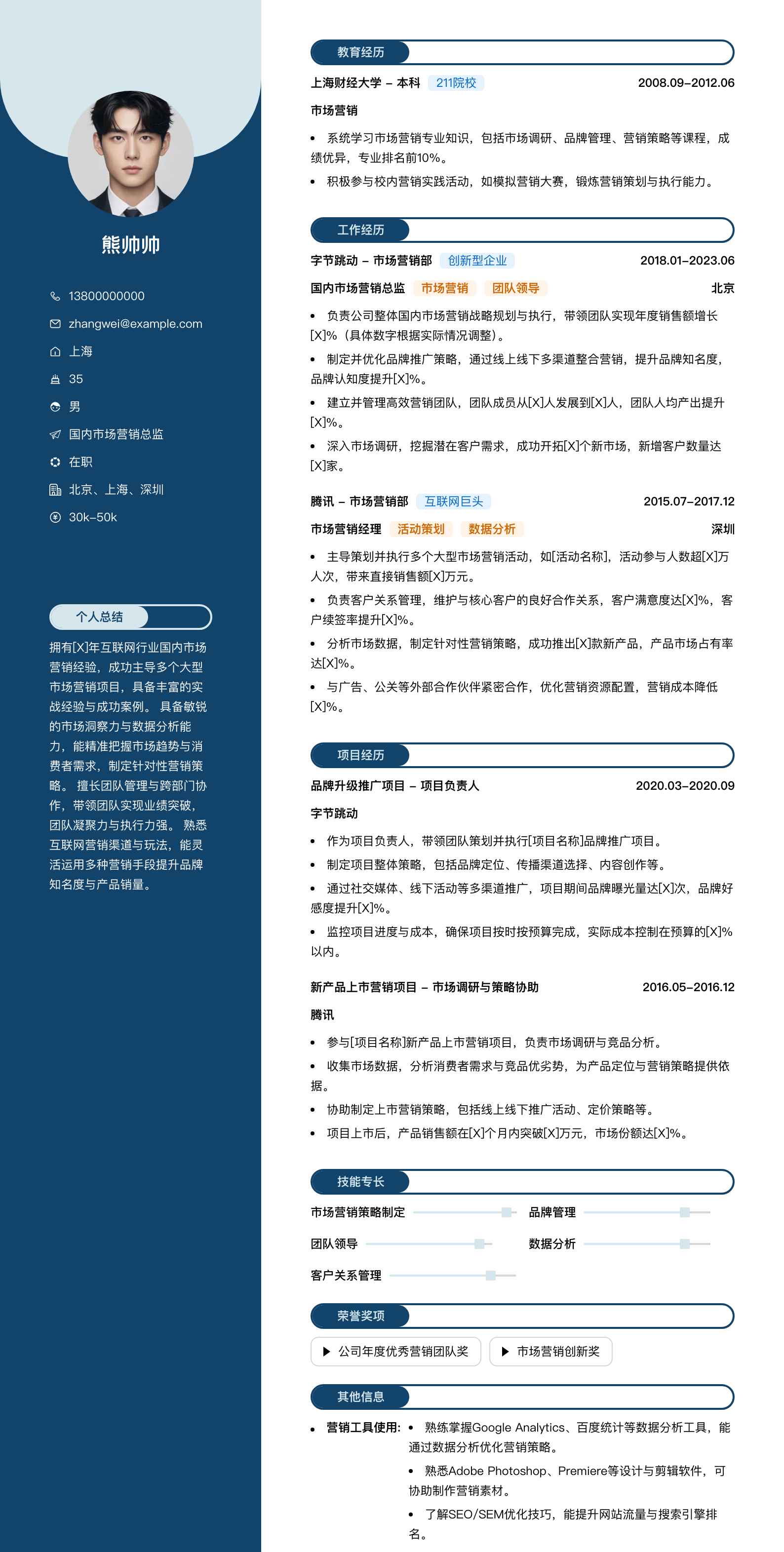 国内市场营销总监简历模板