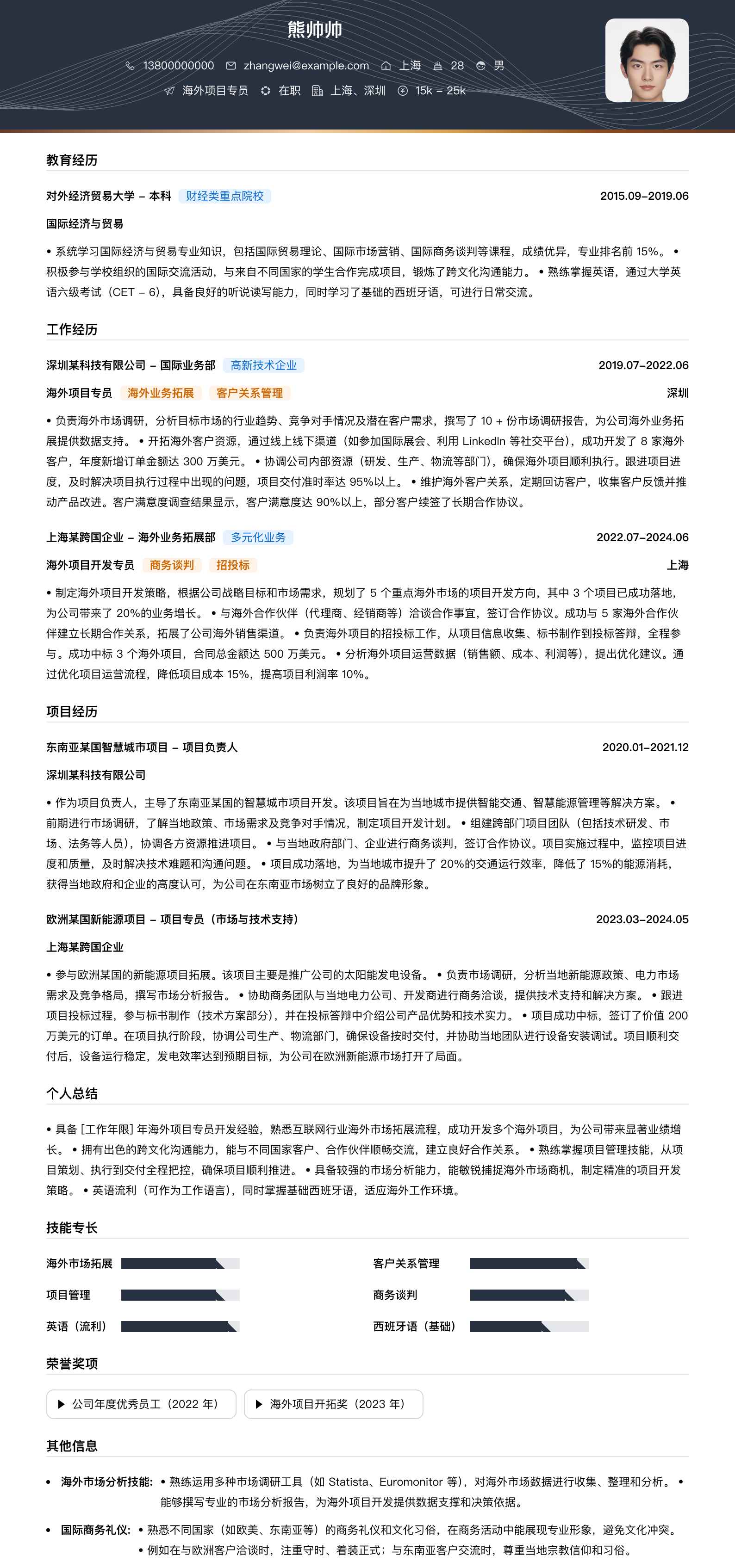 海外项目专员简历模板