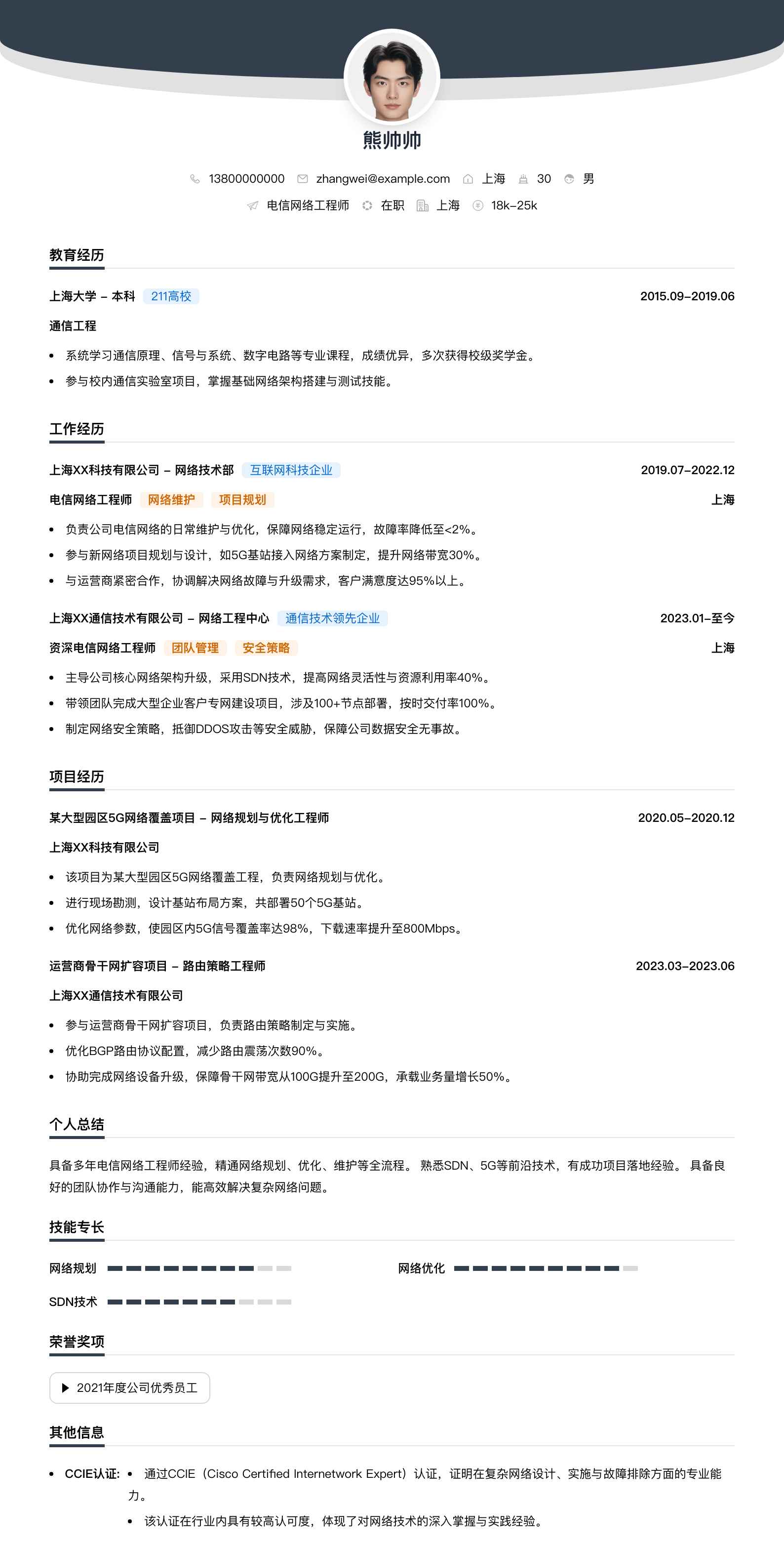 电信网络工程师简历模板