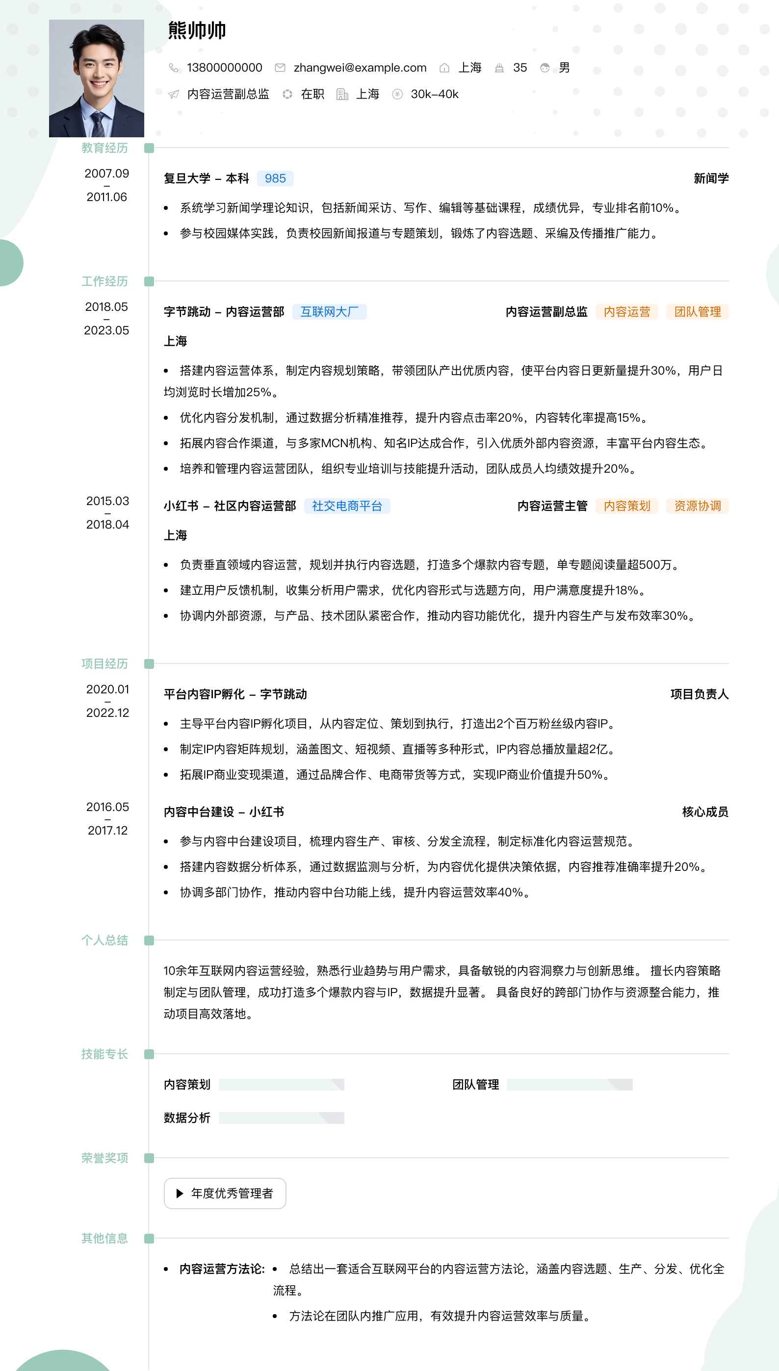 内容运营副总监简历模板