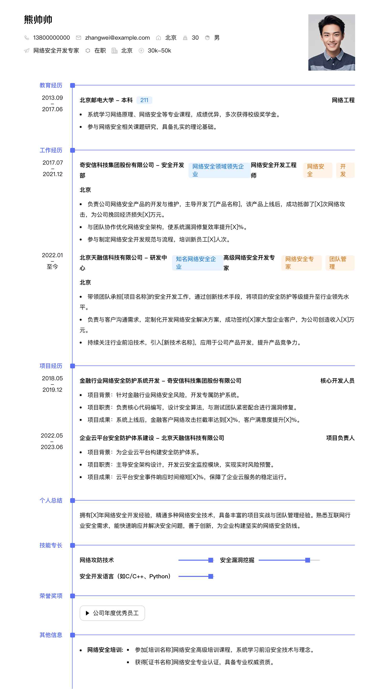 网络安全开发专家简历模板