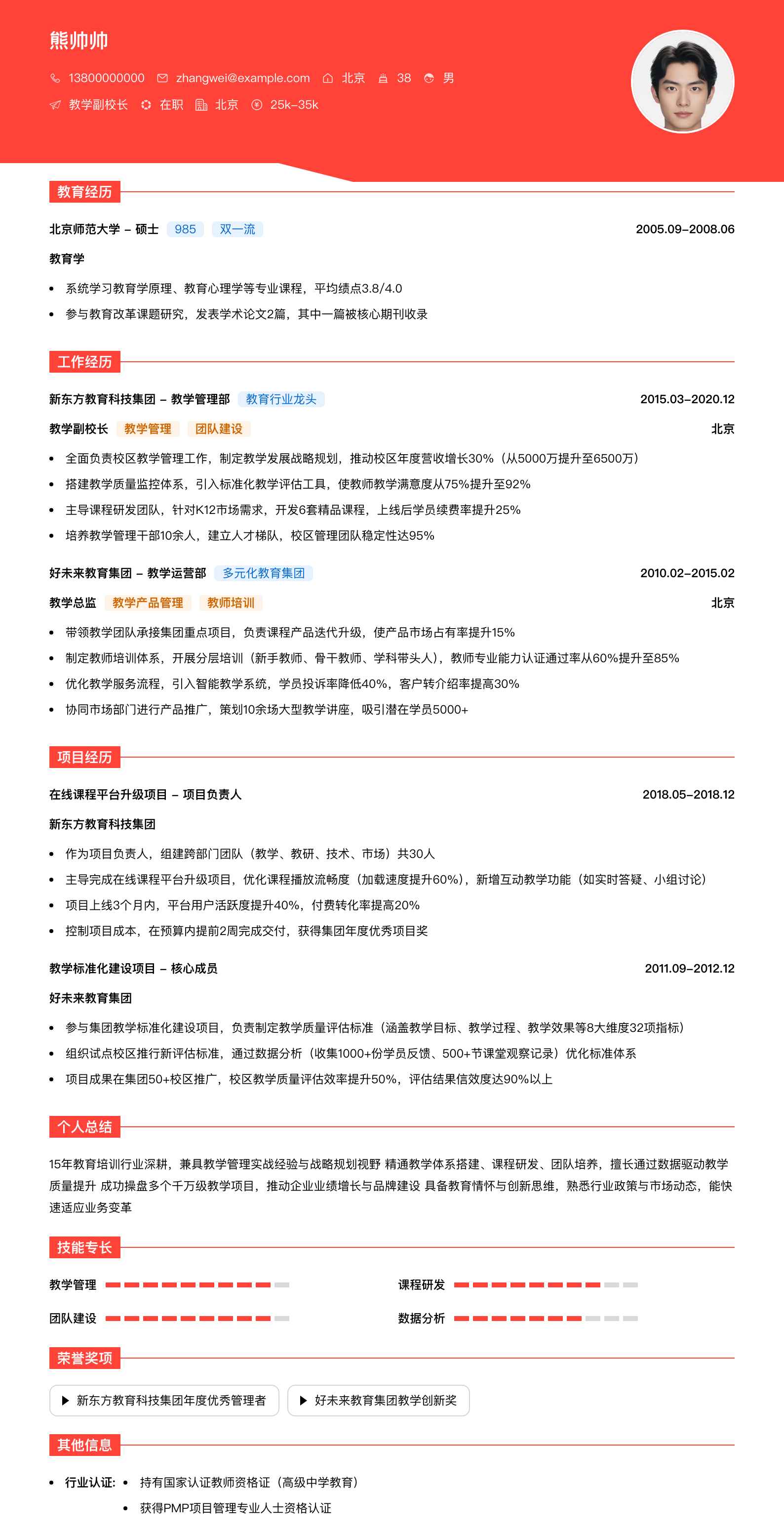 教学副校长简历模板
