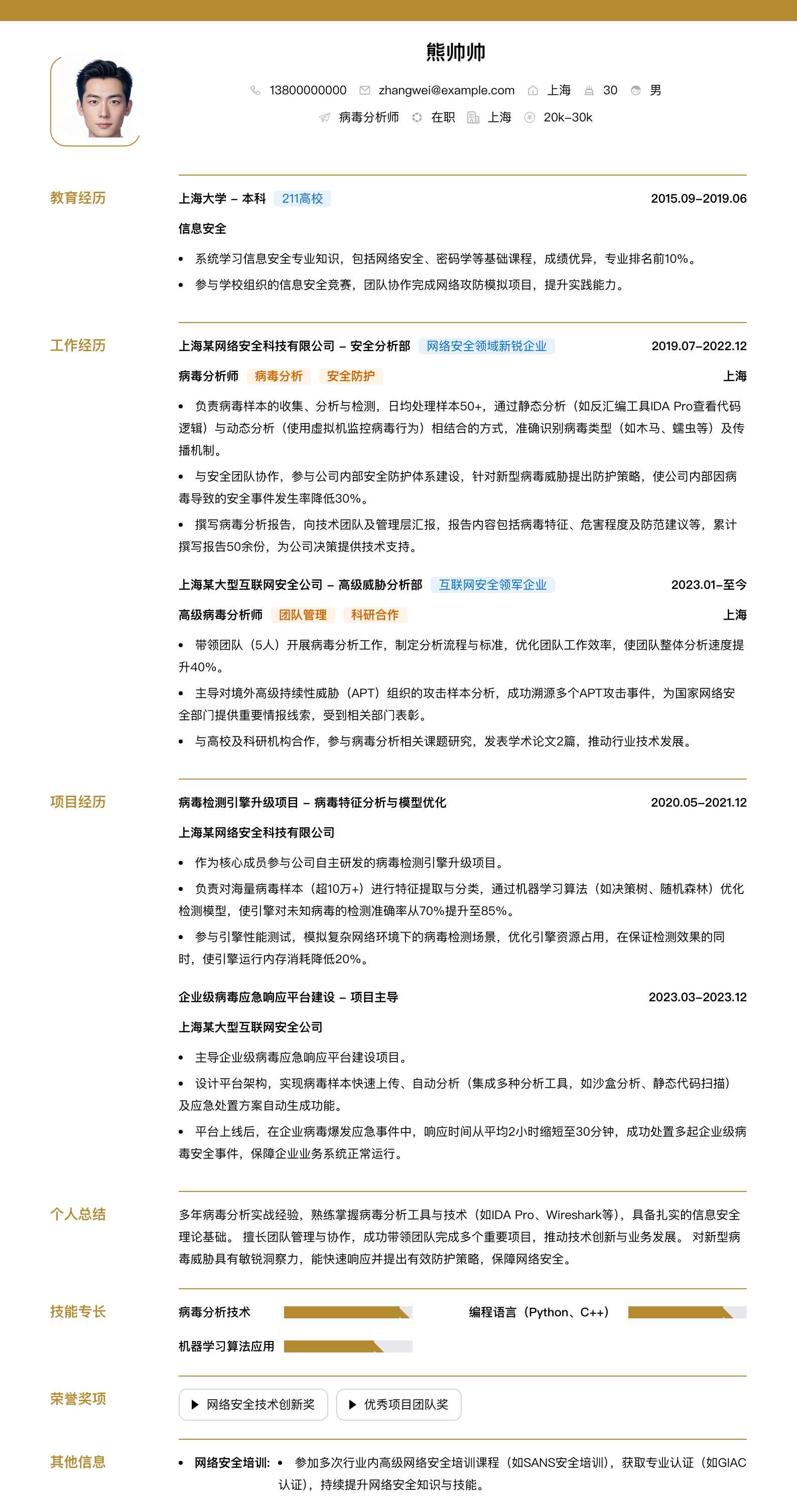 病毒分析师简历模板