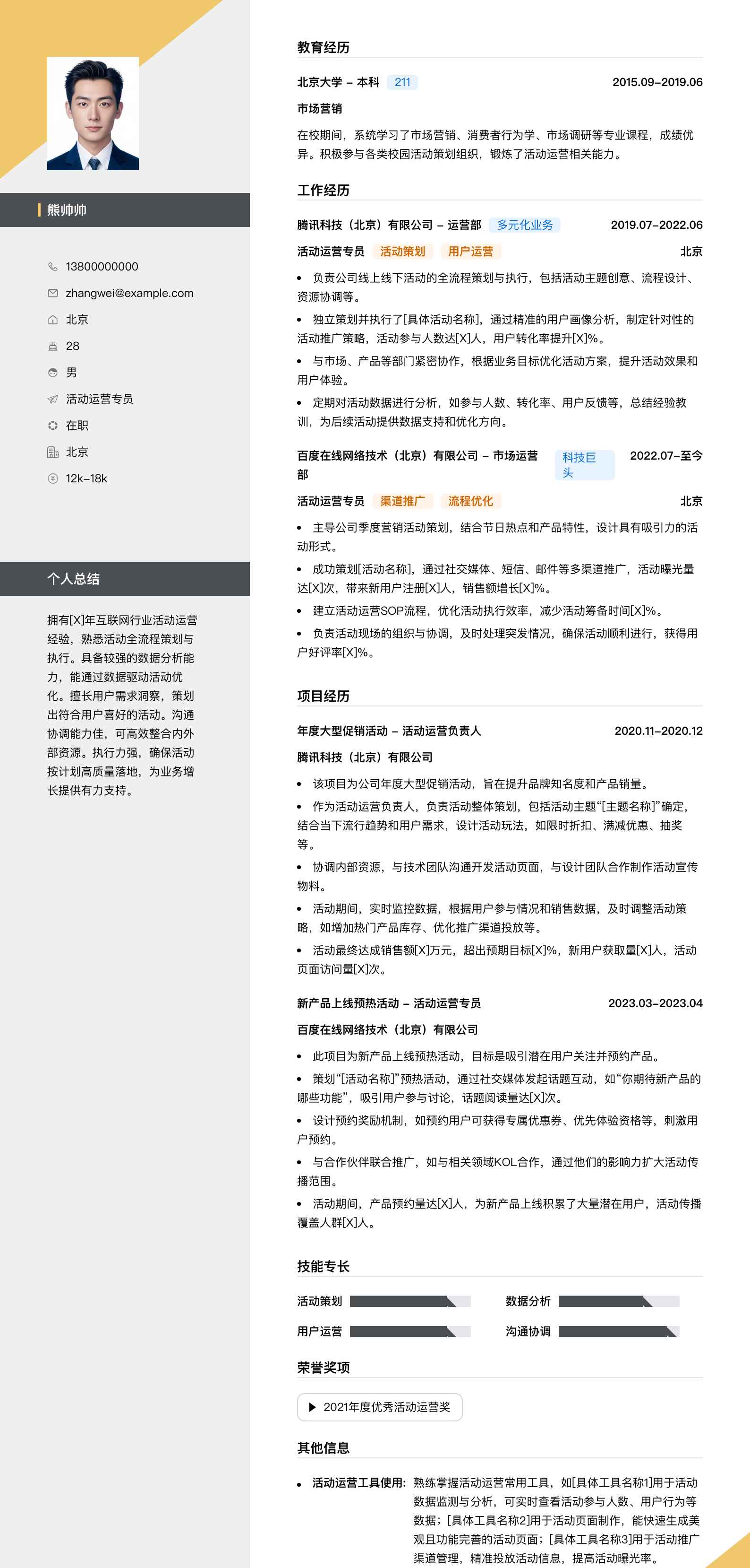活动运营专员简历模板