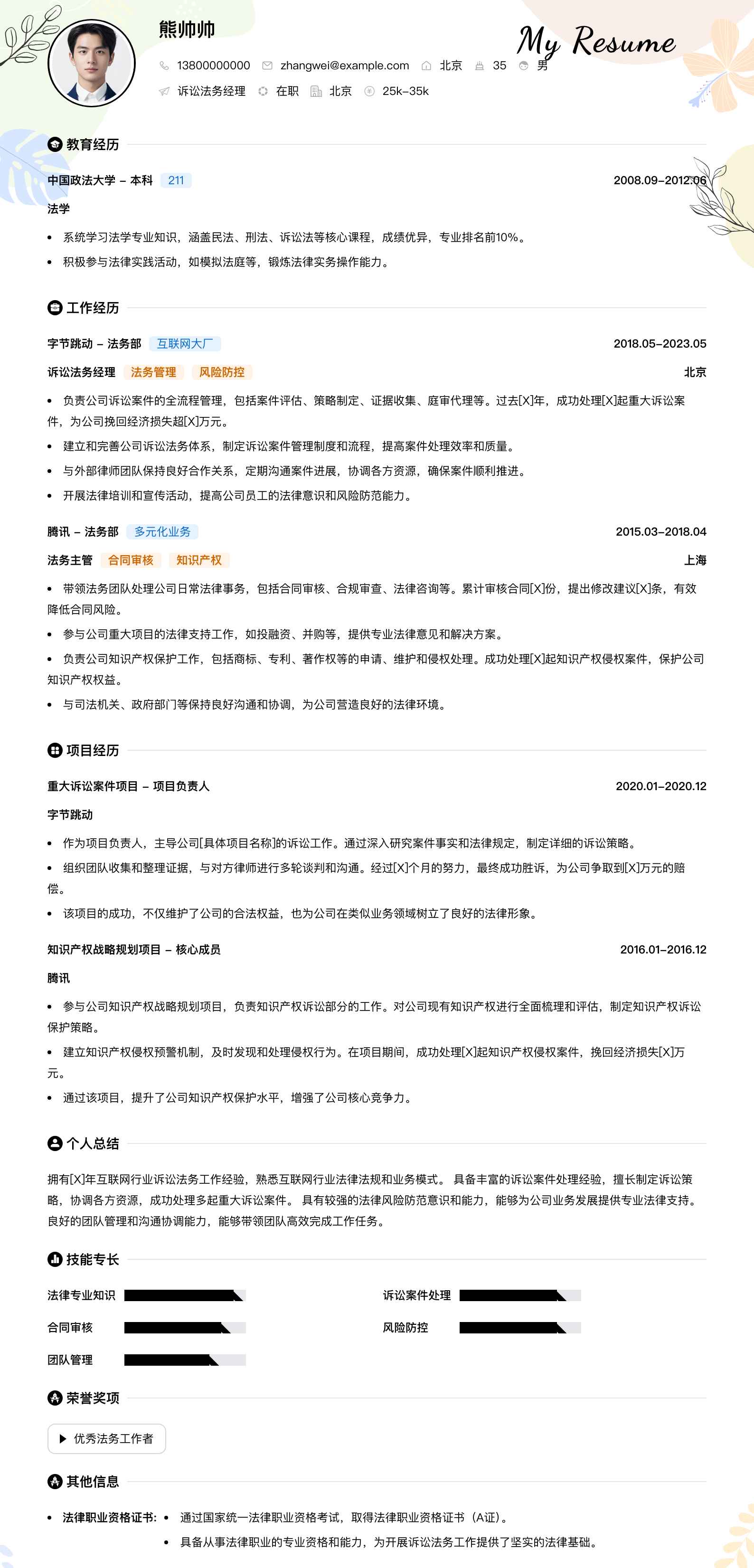 诉讼法务经理简历模板