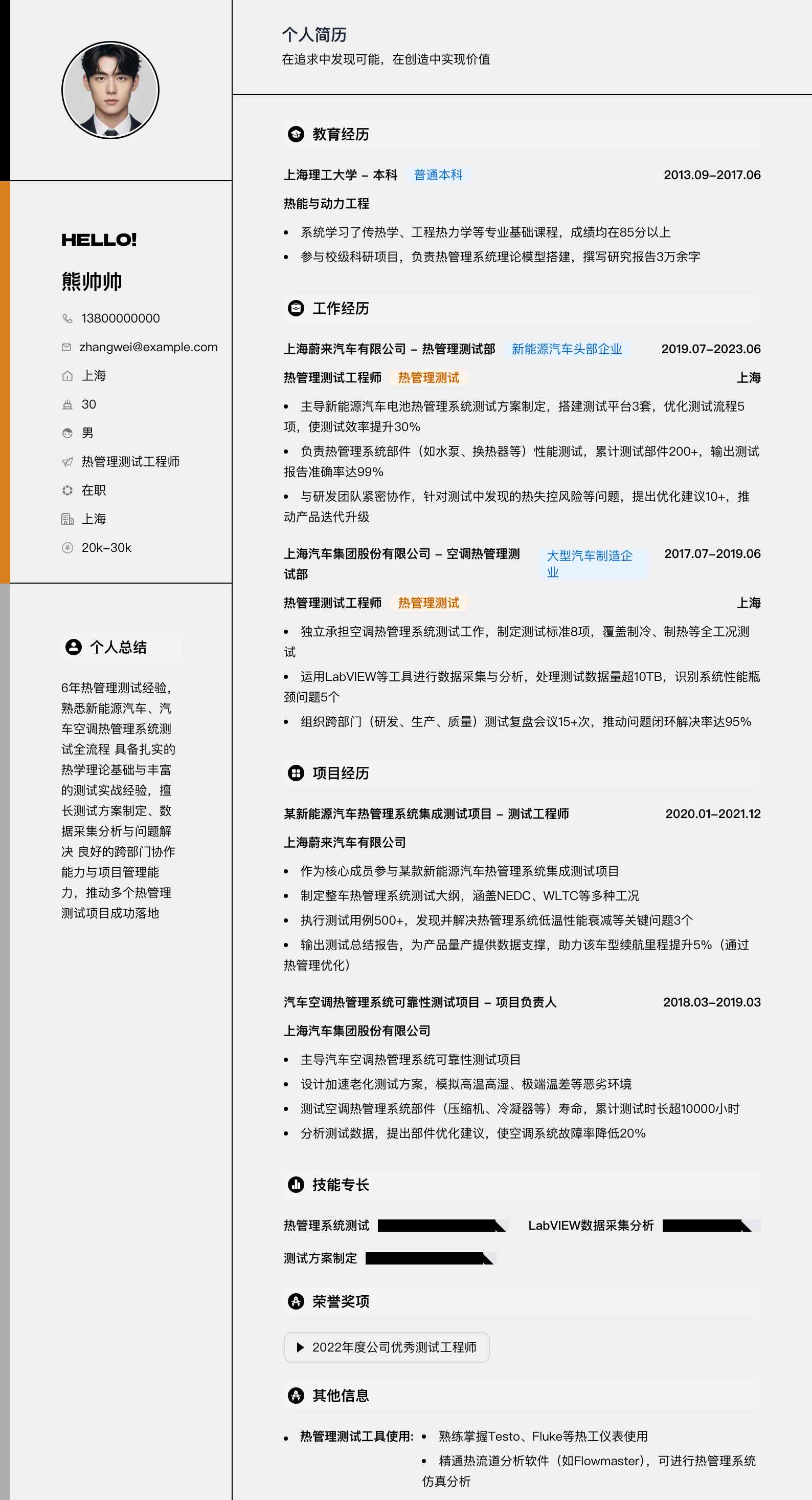 热管理测试工程师简历模板