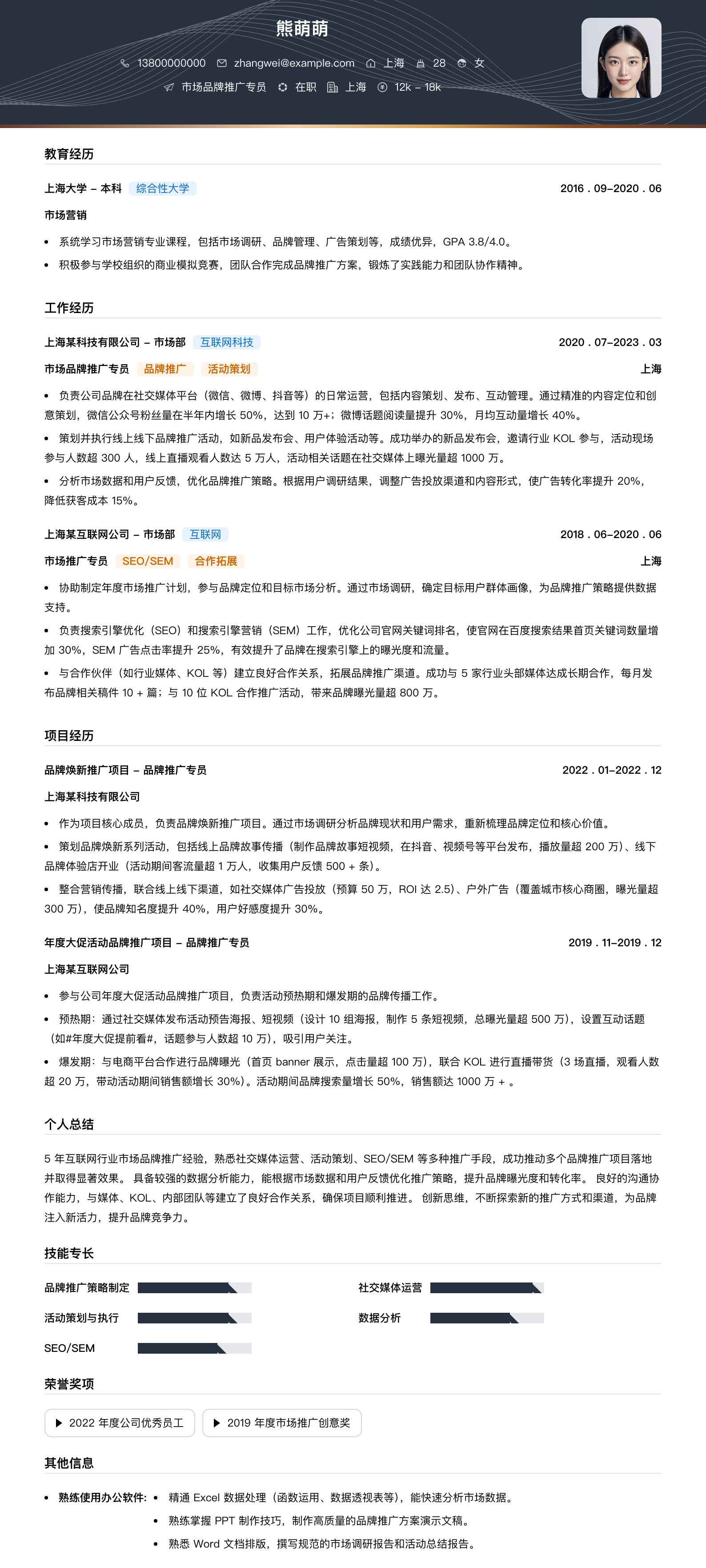 市场品牌推广专员简历模板