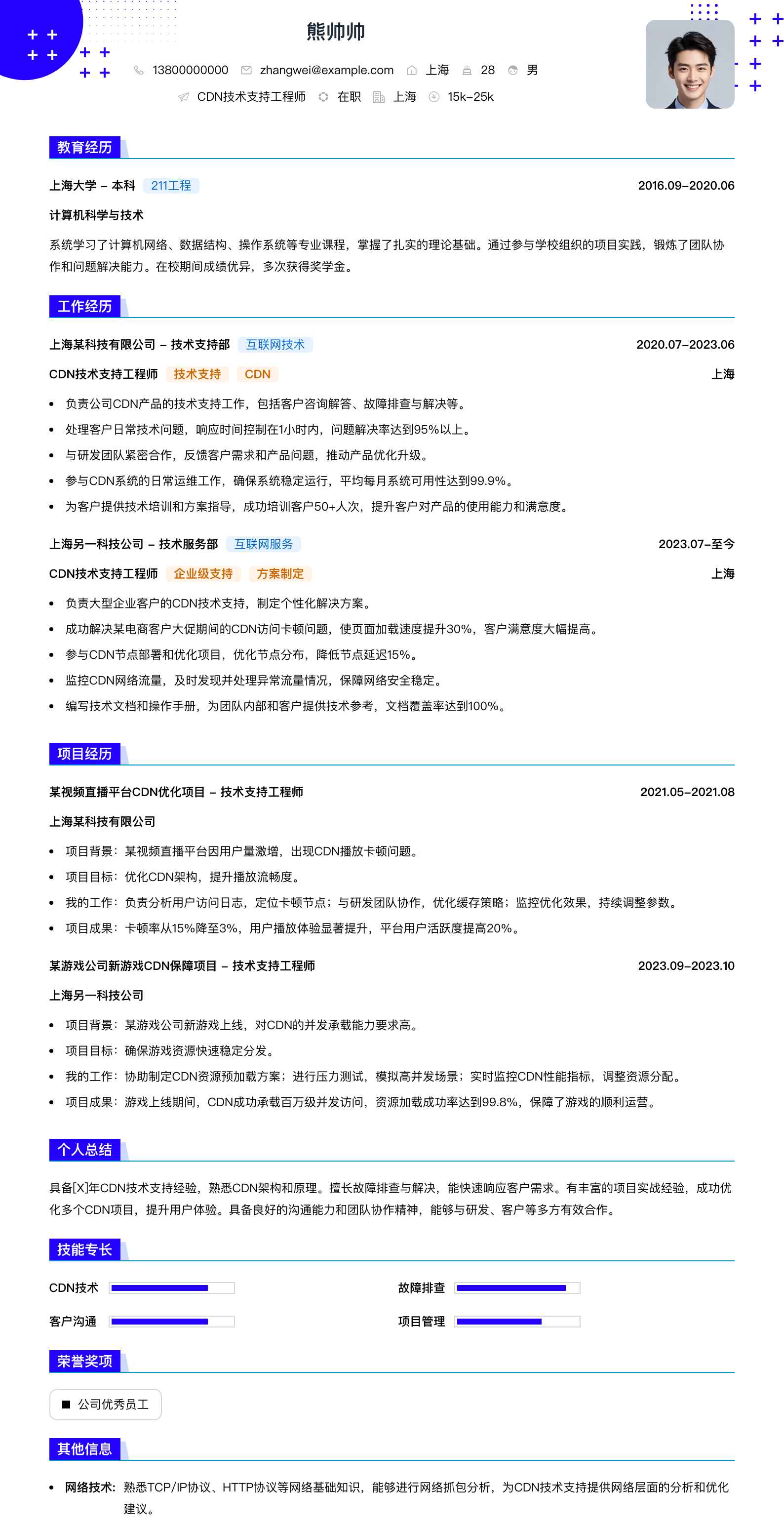 cdn技术支持工程师简历模板